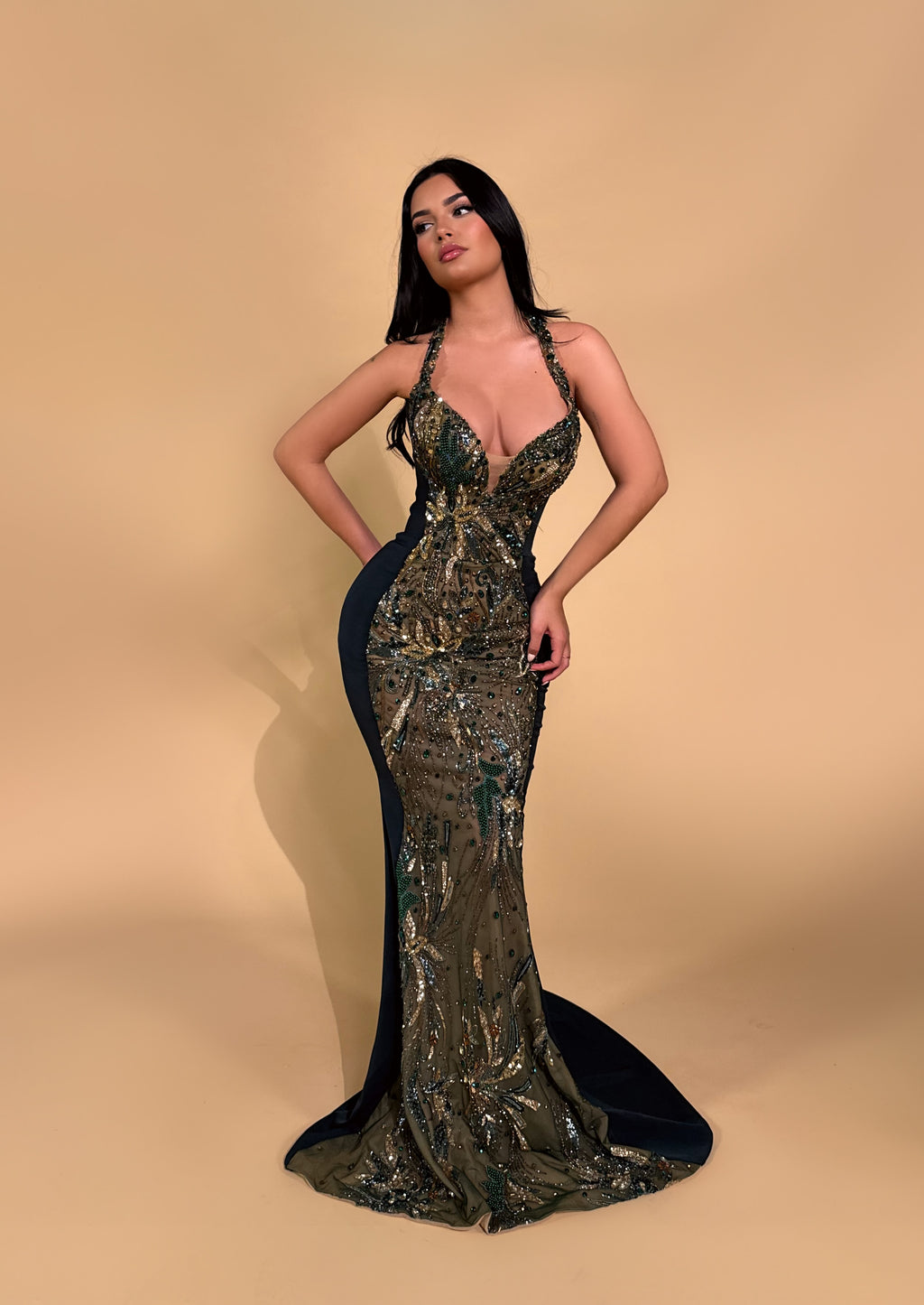 Beaded Halter Mermaid Gown