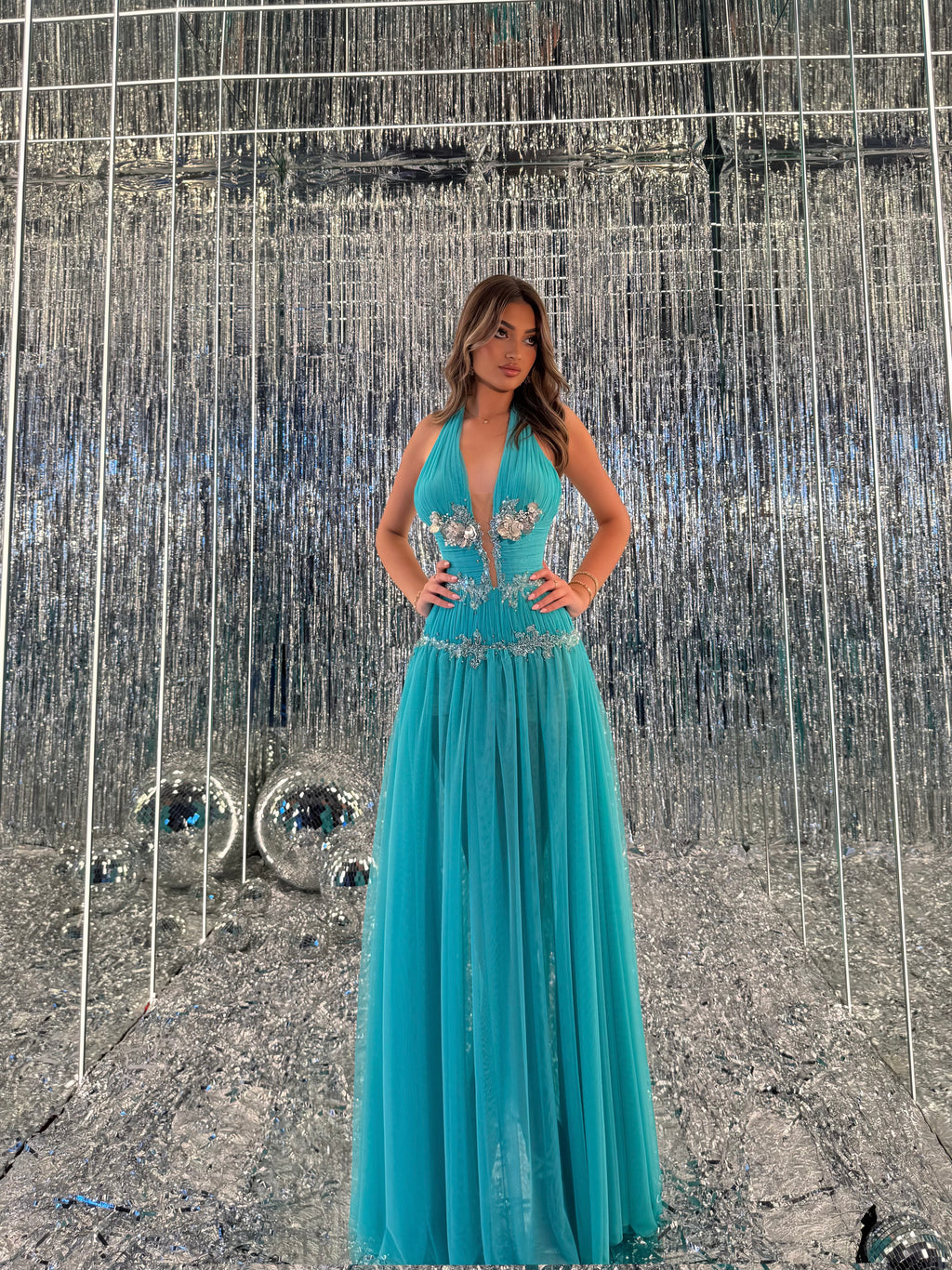 Aylin – Turquoise Halter Crystal Gown