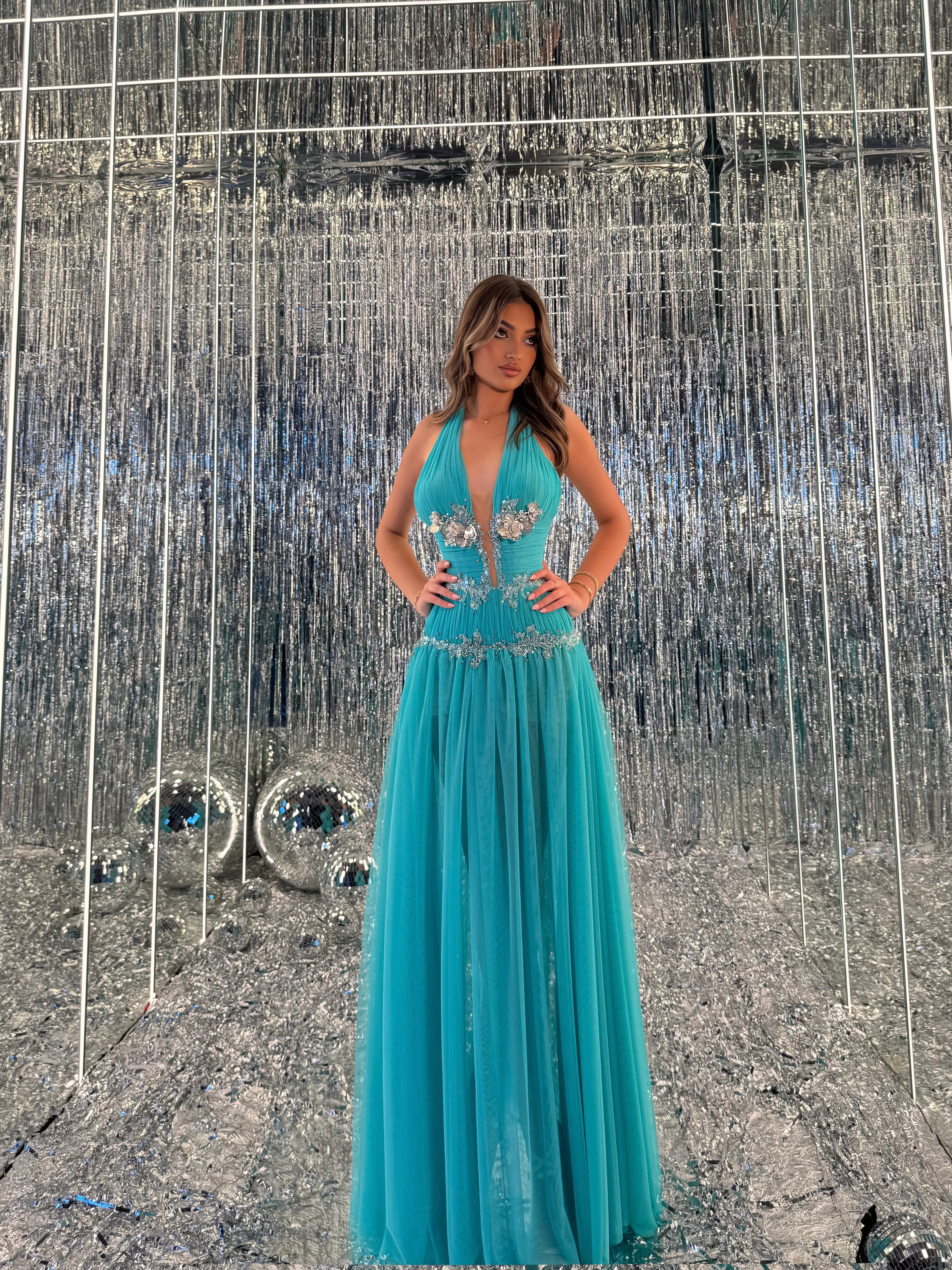 Aylin – Turquoise Halter Crystal Gown