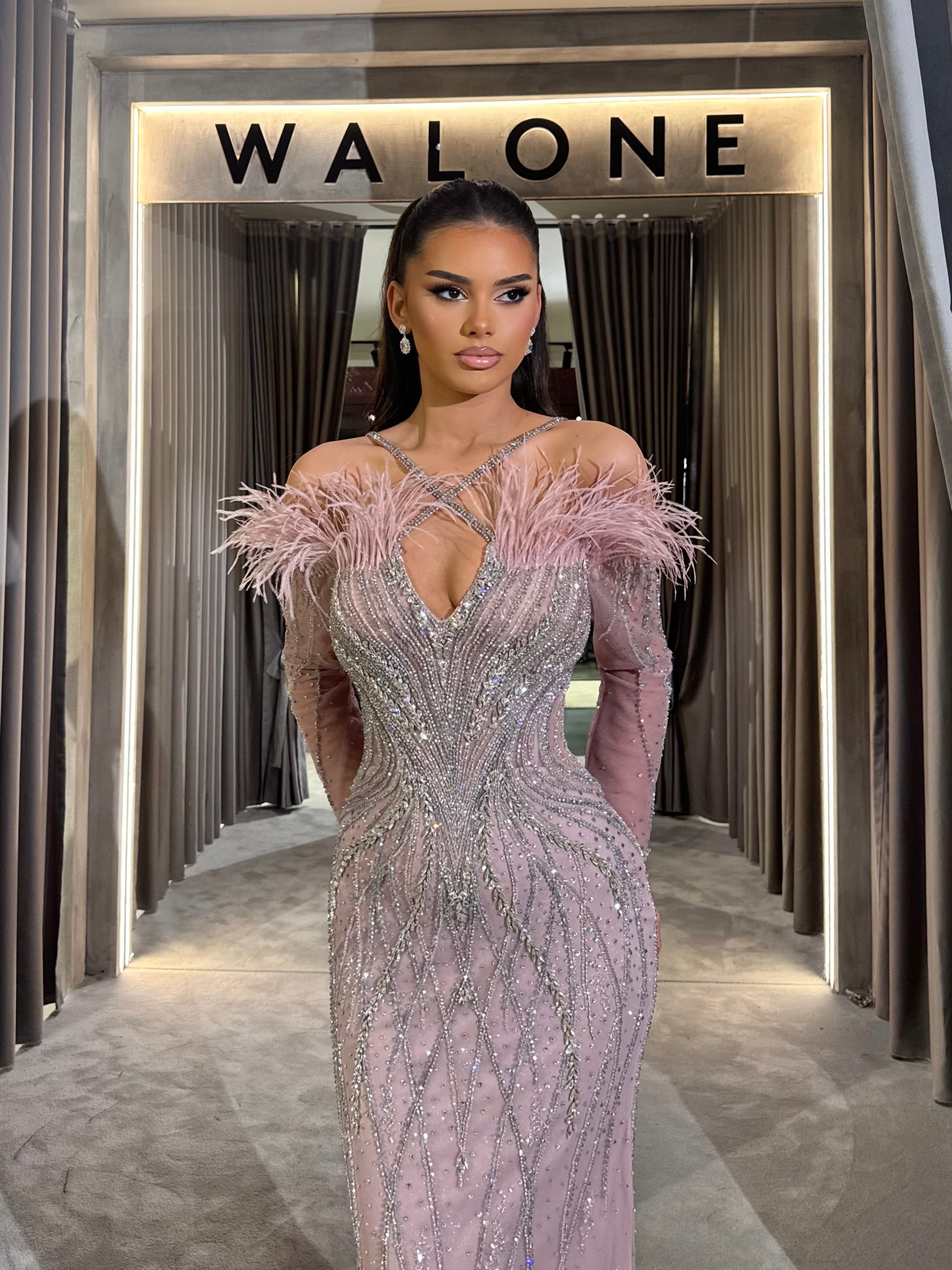 Dusty Pink & Beige Dress with Beading and Feather Accents M / Beige