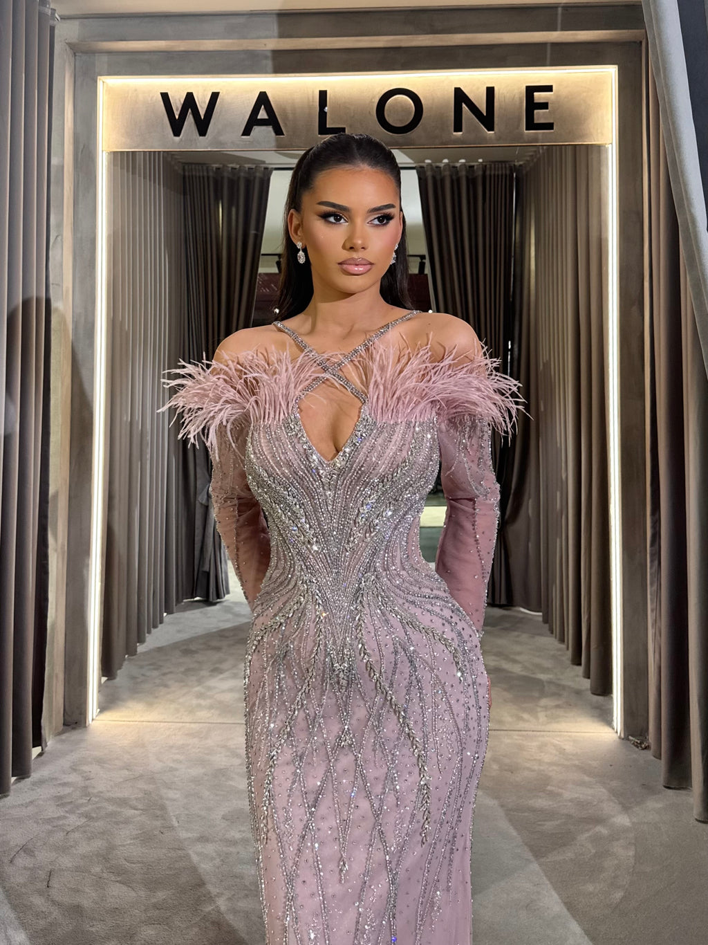 Dusty Pink & Beige Dress with Beading and Feather Accents