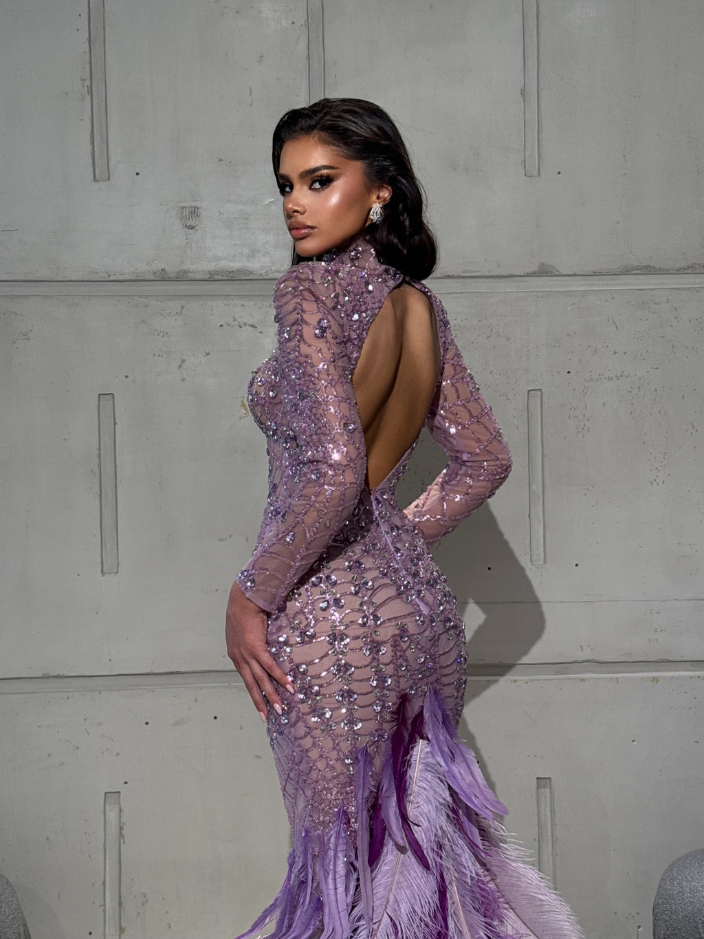 Lilac Feathered Dress with Open Back