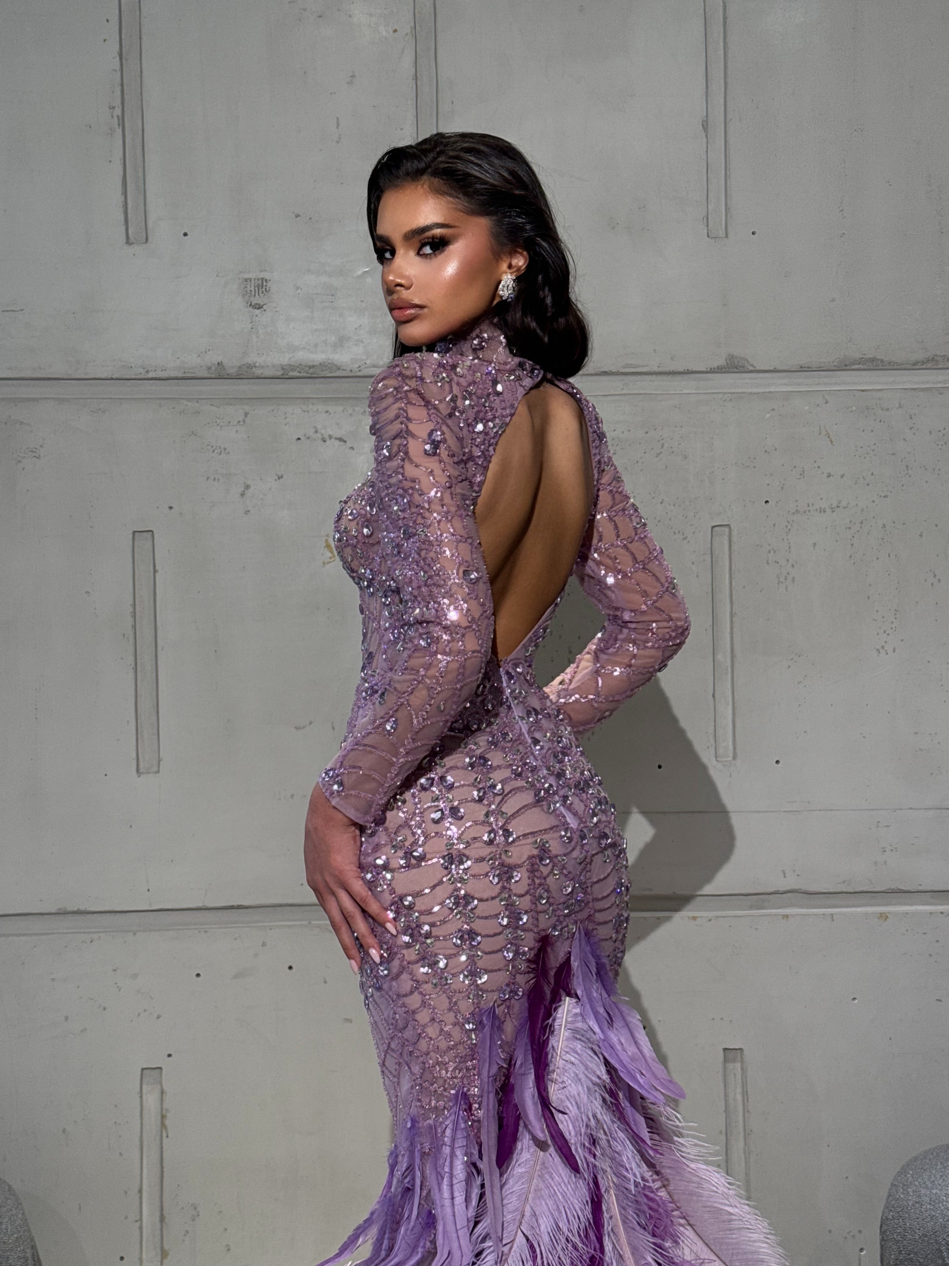 Lilac Feathered Dress with Open Back