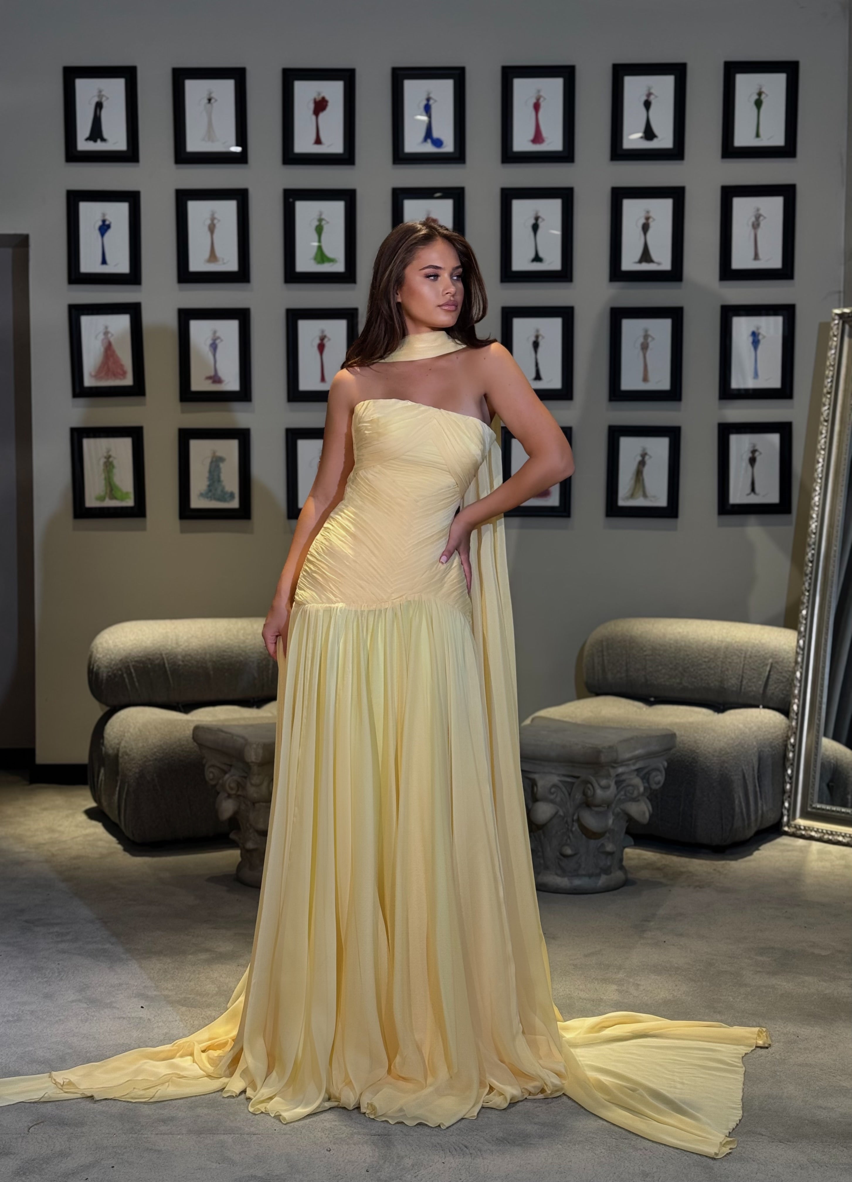 Dorèa - Ruched drop waist chiffon gown