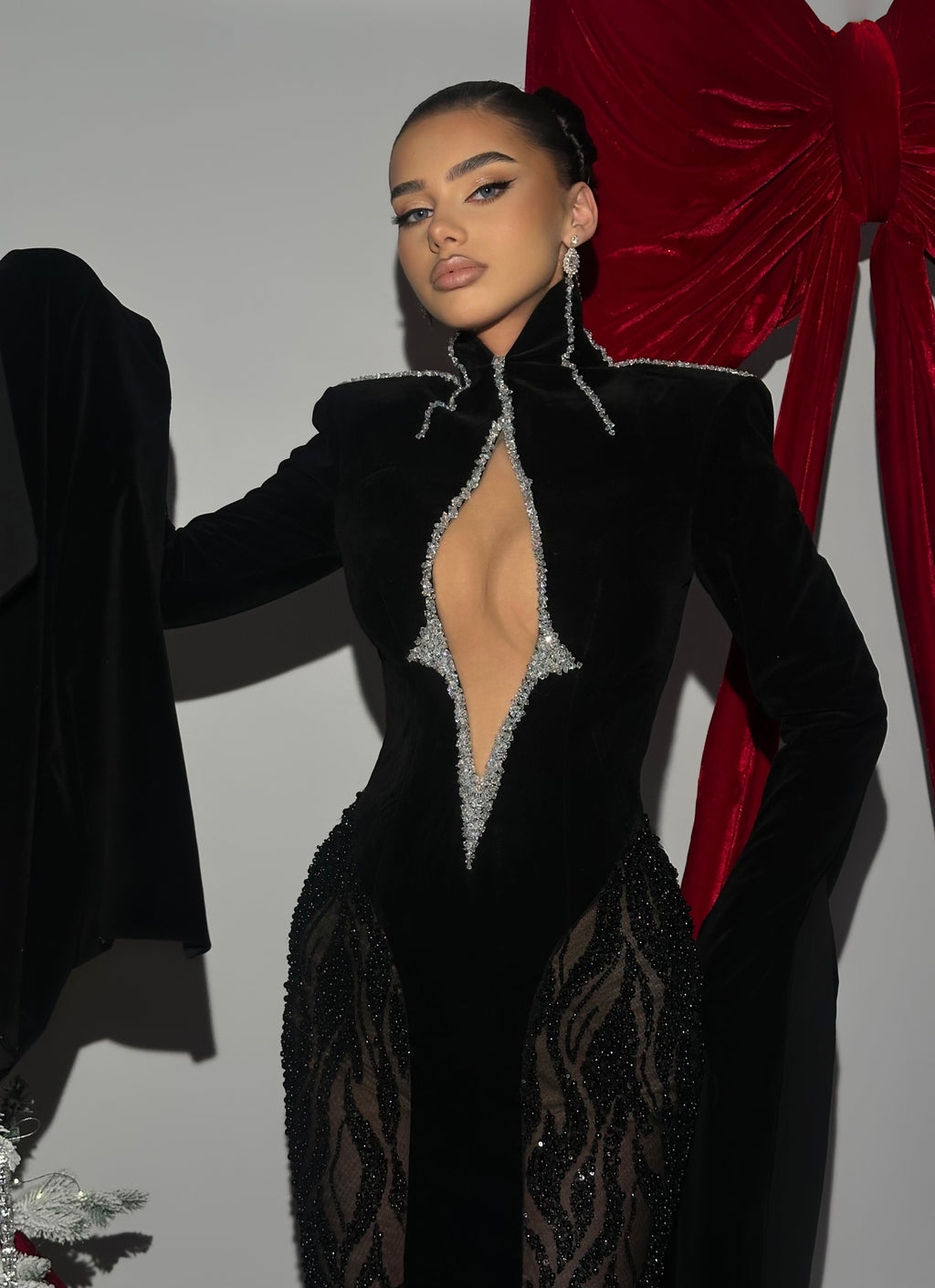 Sorèla - Black Long Sleeve Crystal Gown