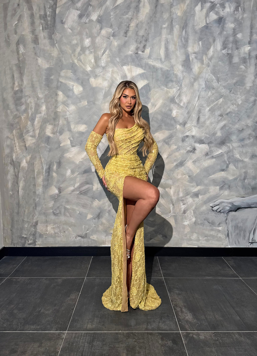 Liora – Yellow Lace Off Shoulder Gown with High Slit