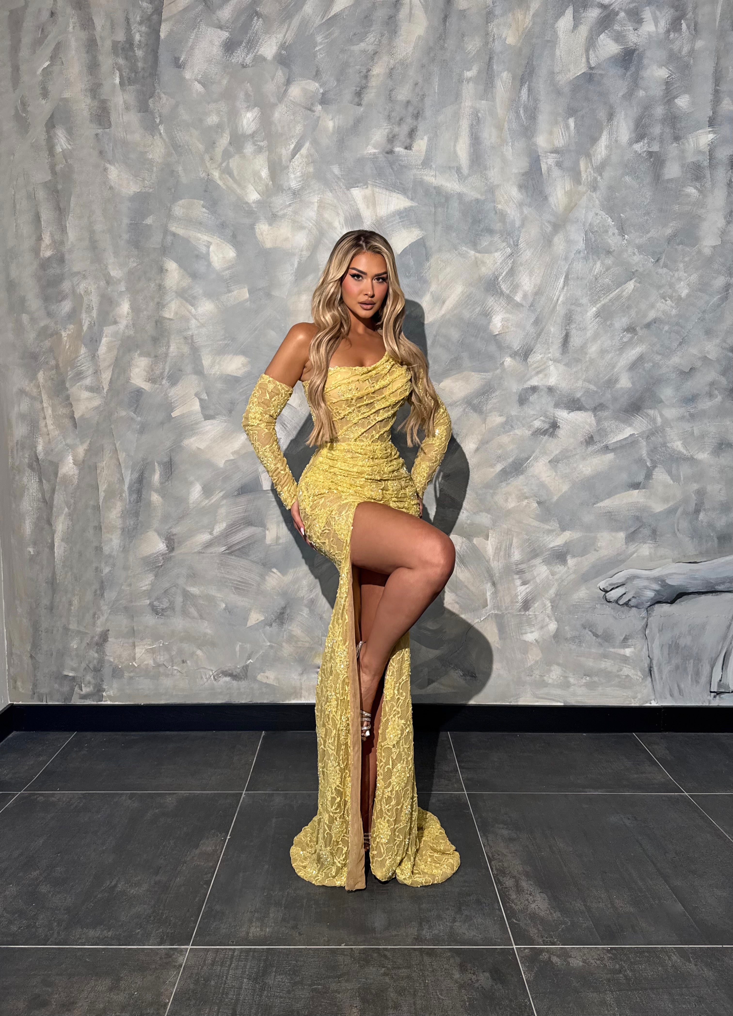 Liora – Yellow Lace Off Shoulder Gown with High Slit