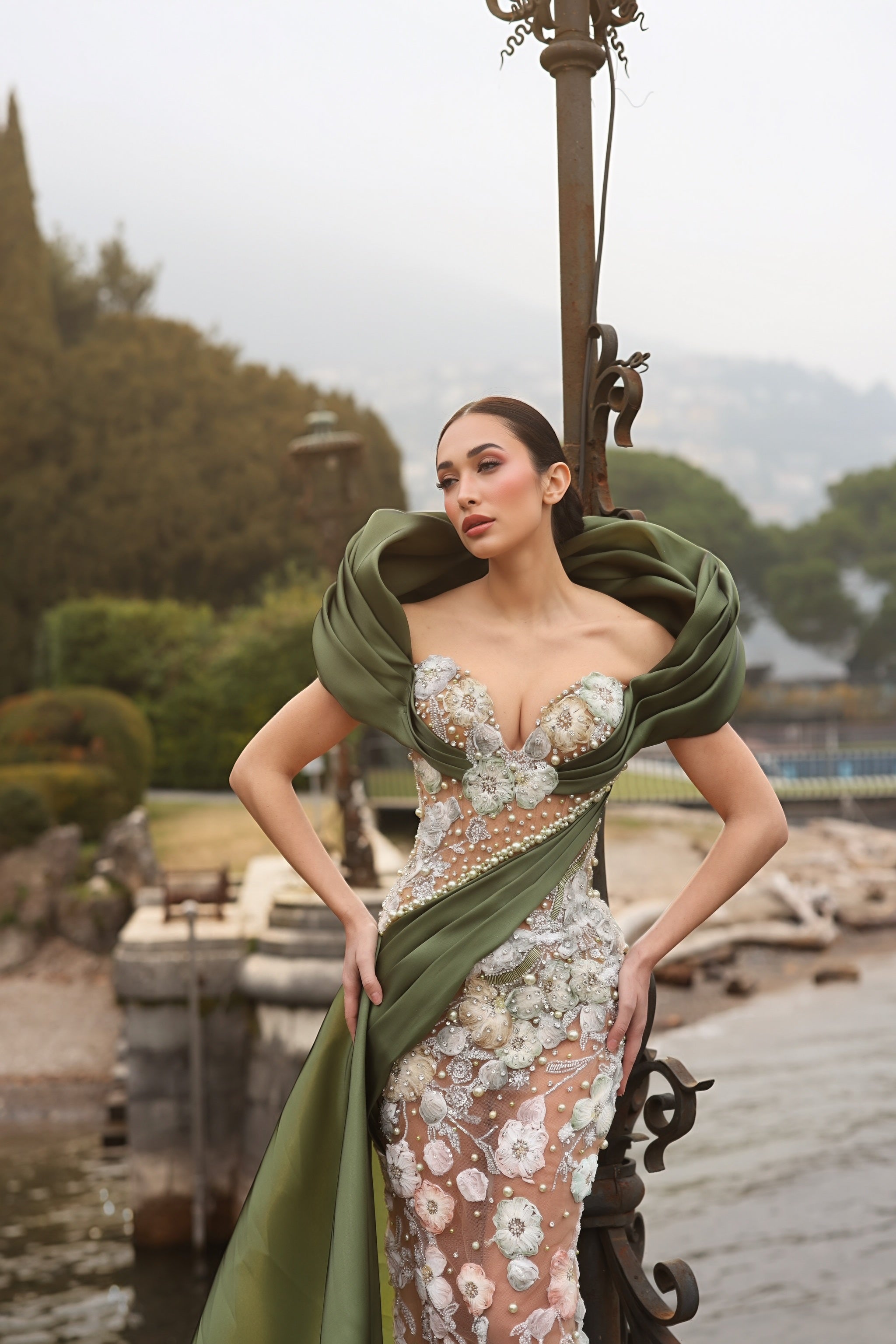 Riela - Draped Floral Gown with Pearl Embroidery