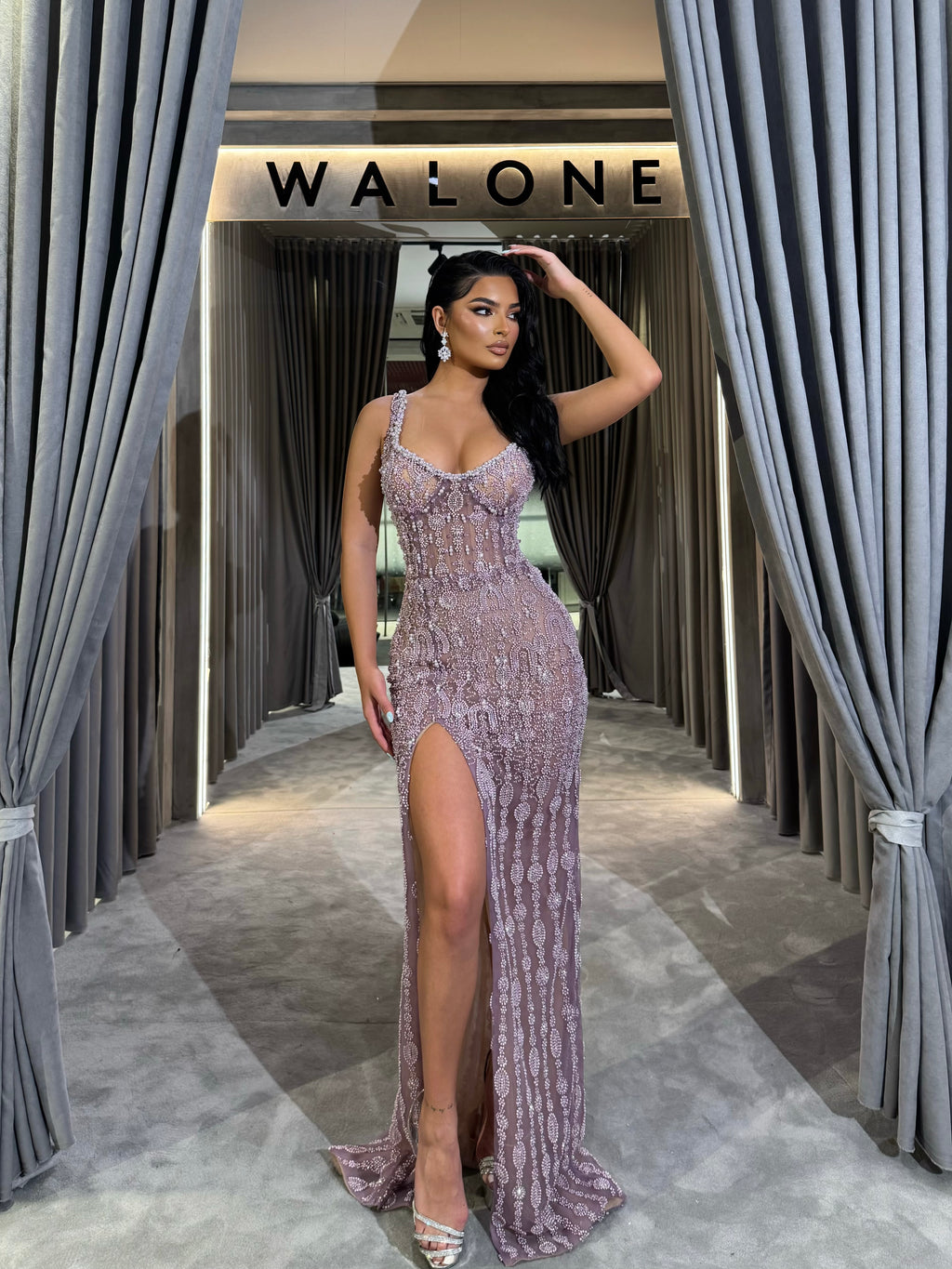 Lilac Beaded Slit Gown with Overskirt