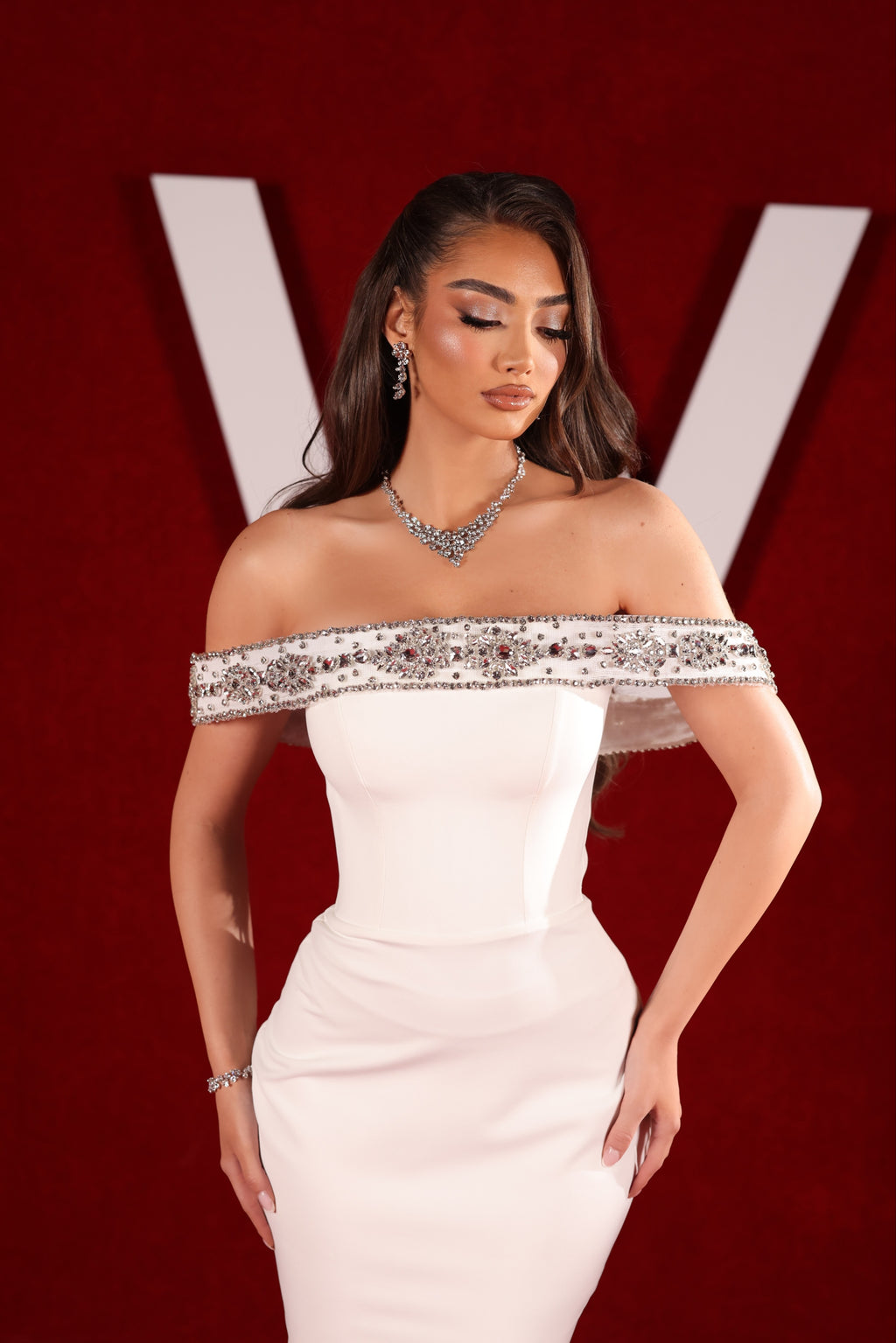 Neya - Off Shoulder Crystal Trim Gown