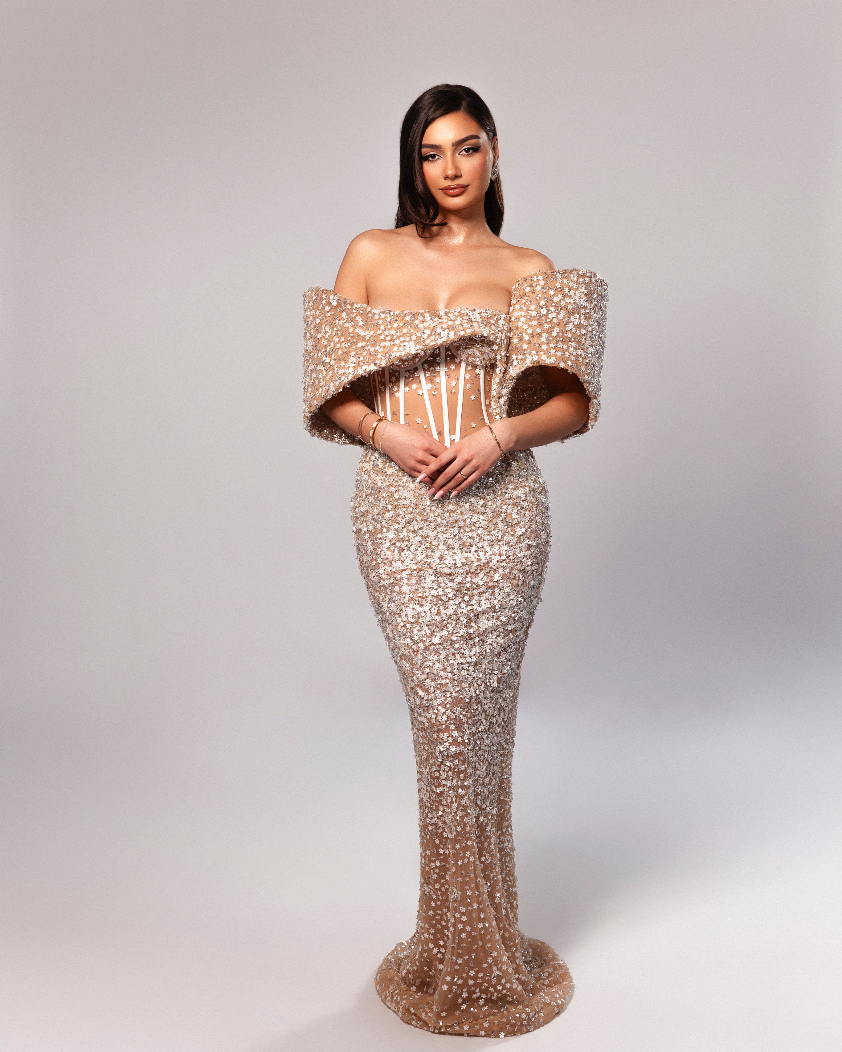 Off Shoulder Embellished Corset Gown with Draped Sleeves