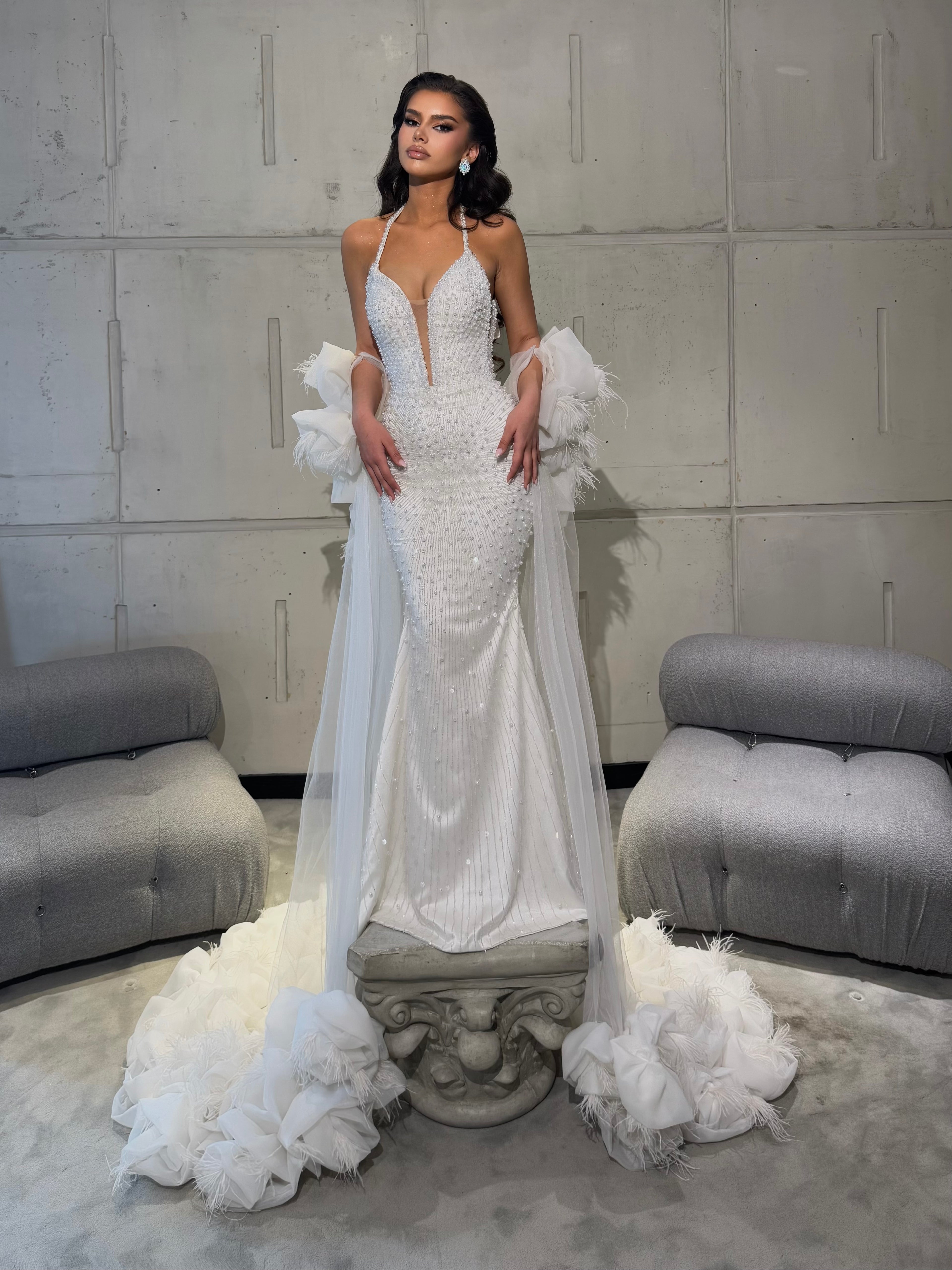 Long Bridal Dress with Pearl Beading and Feather Tulle Cape