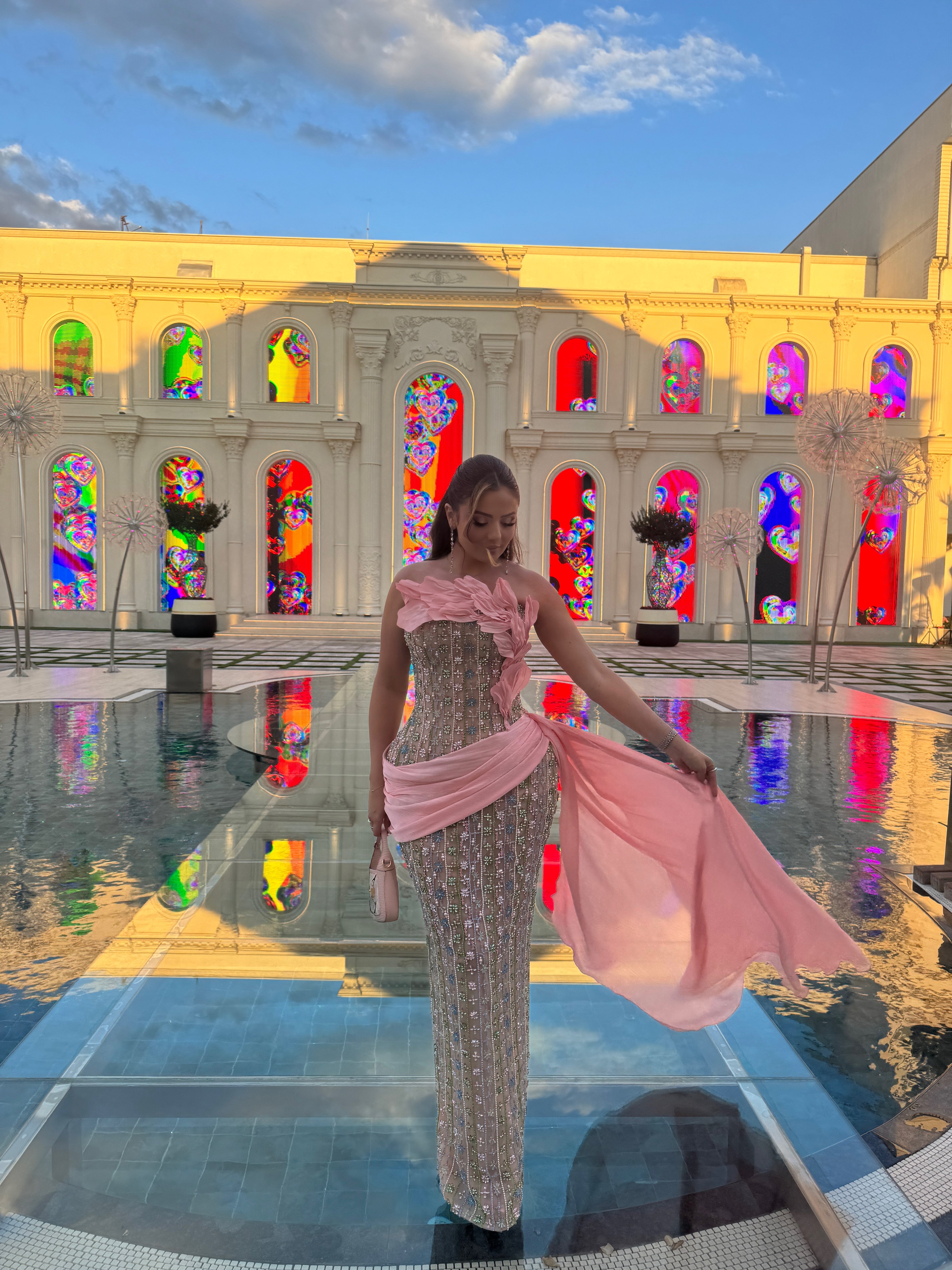 Pastel Pink Floral Dress with 3D Appliqué and Chiffon Wrap