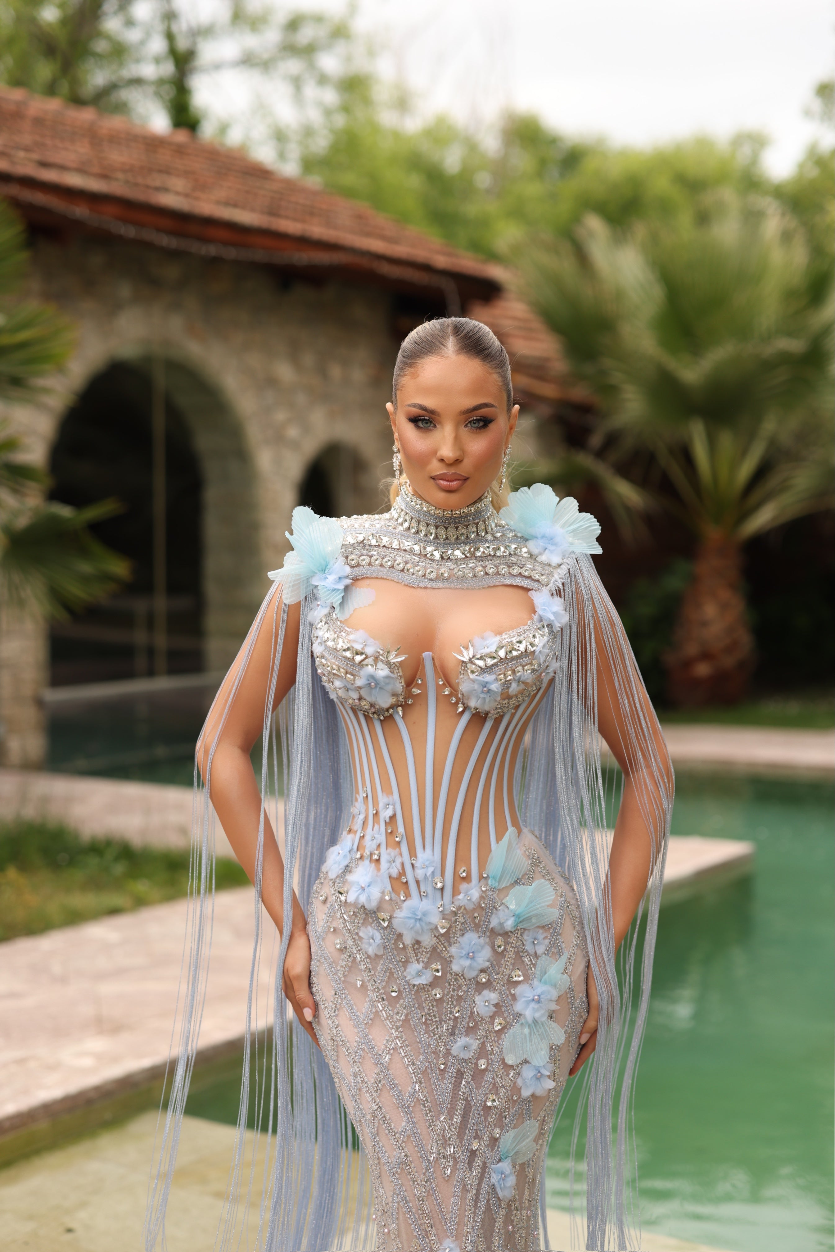 Roana - Crystal Neckline Floral Appliqué Gown