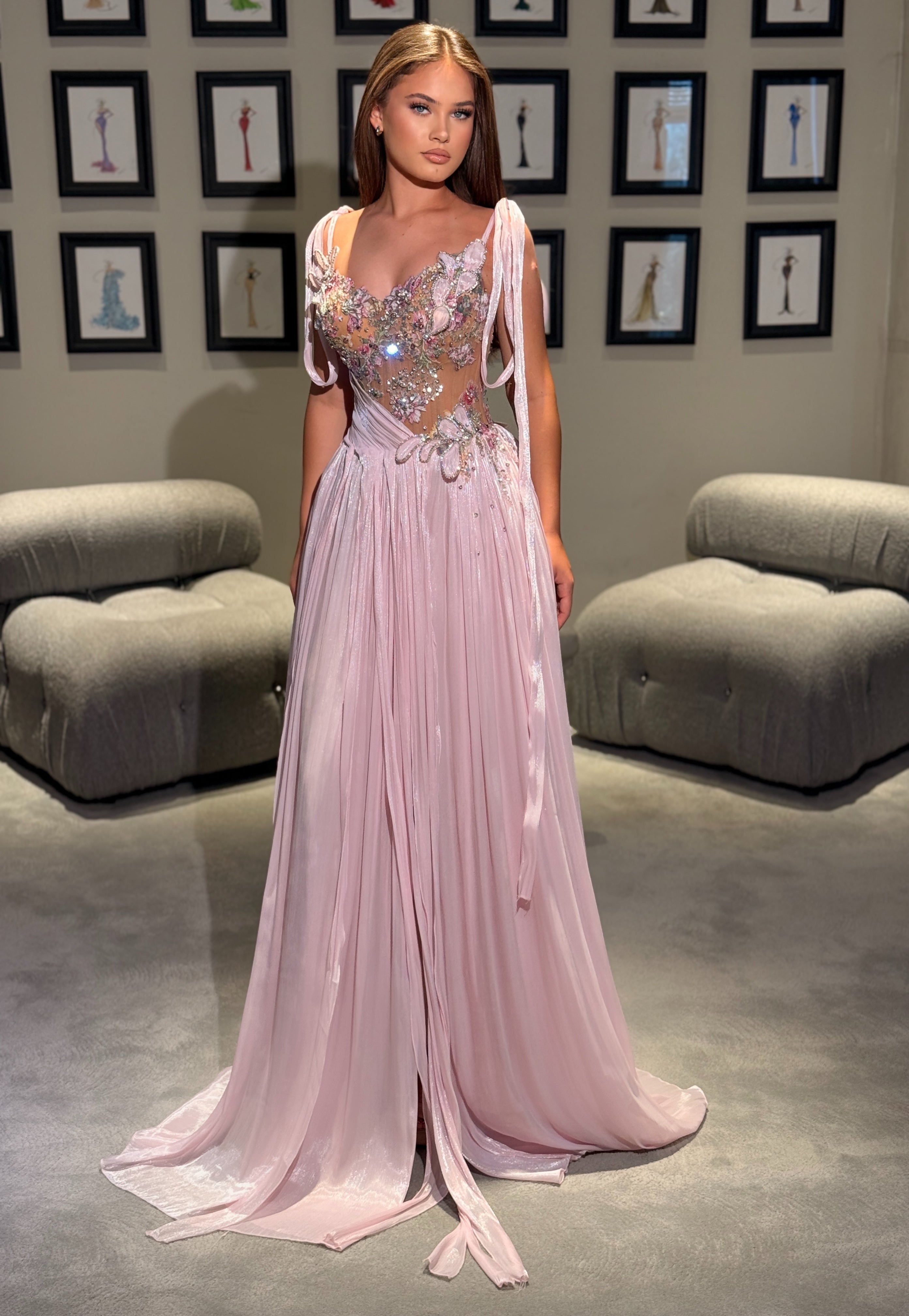 Adila - Floral Embellished Chiffon Gown
