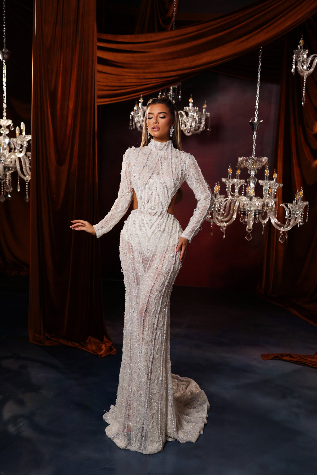 High Neck Beaded Cutout Long Sleeve Gown