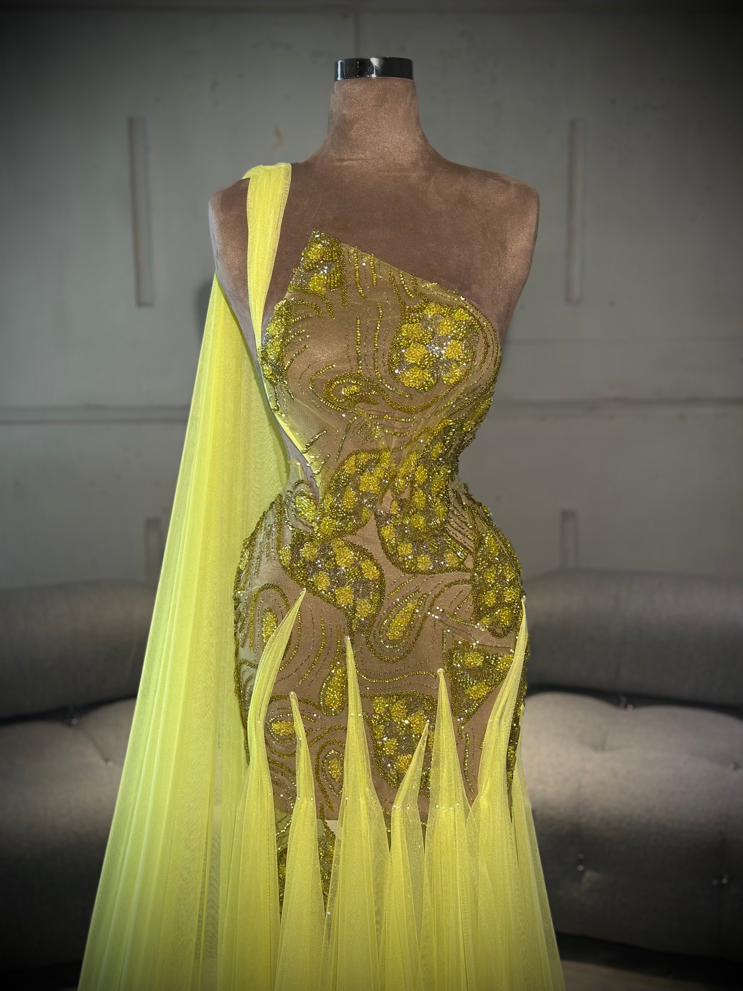 Amirah – One Shoulder Yellow Beaded Gown