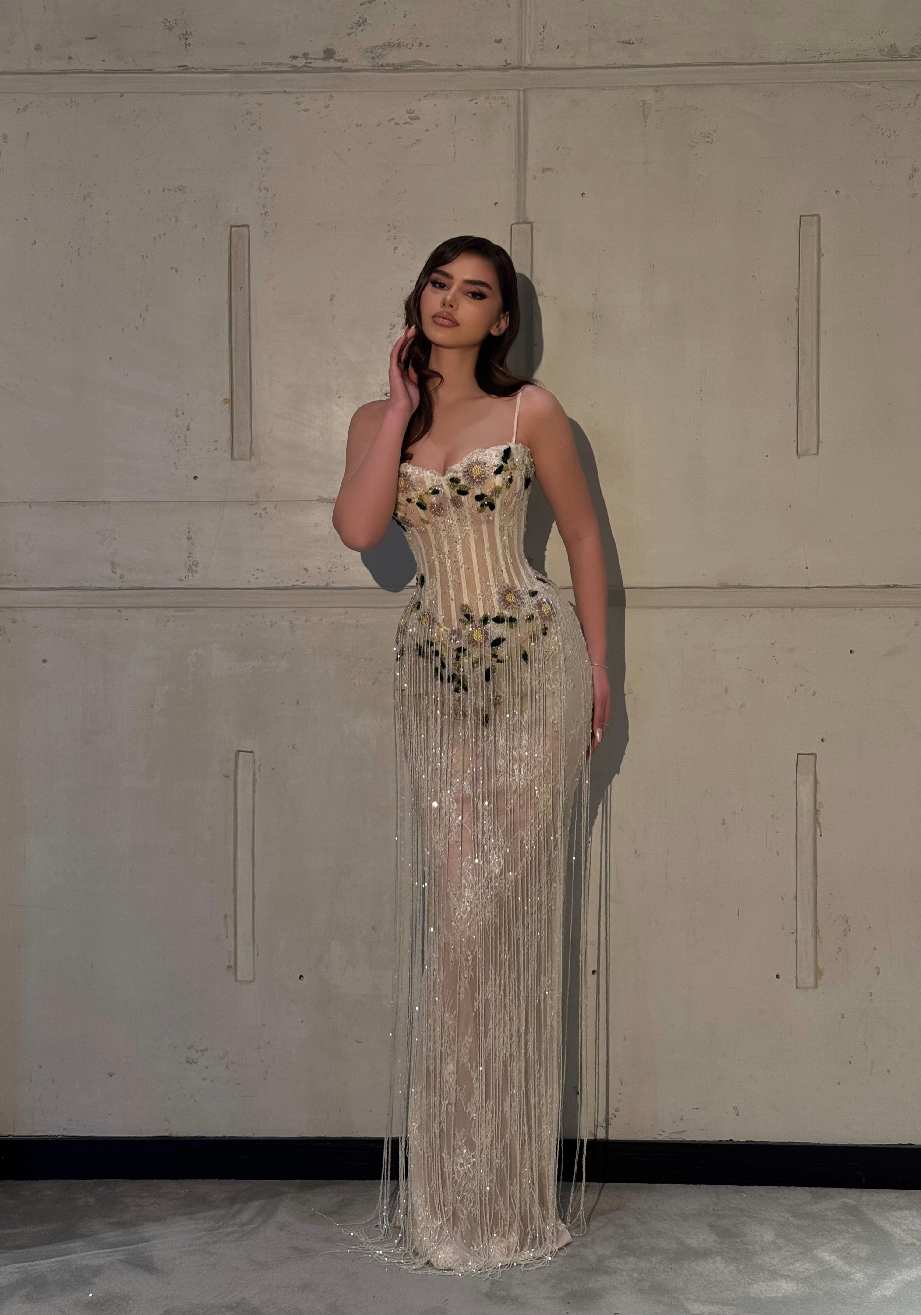 Lvia Ivory Beaded Fringe Gown Walone LLC Lvia Ivory Beaded Fringe Gown Walone LLC