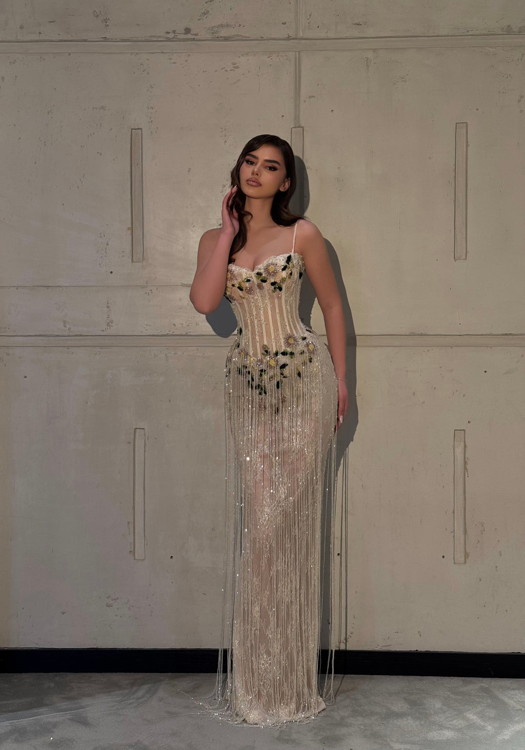 Lèvia – Ivory Beaded Fringe Gown