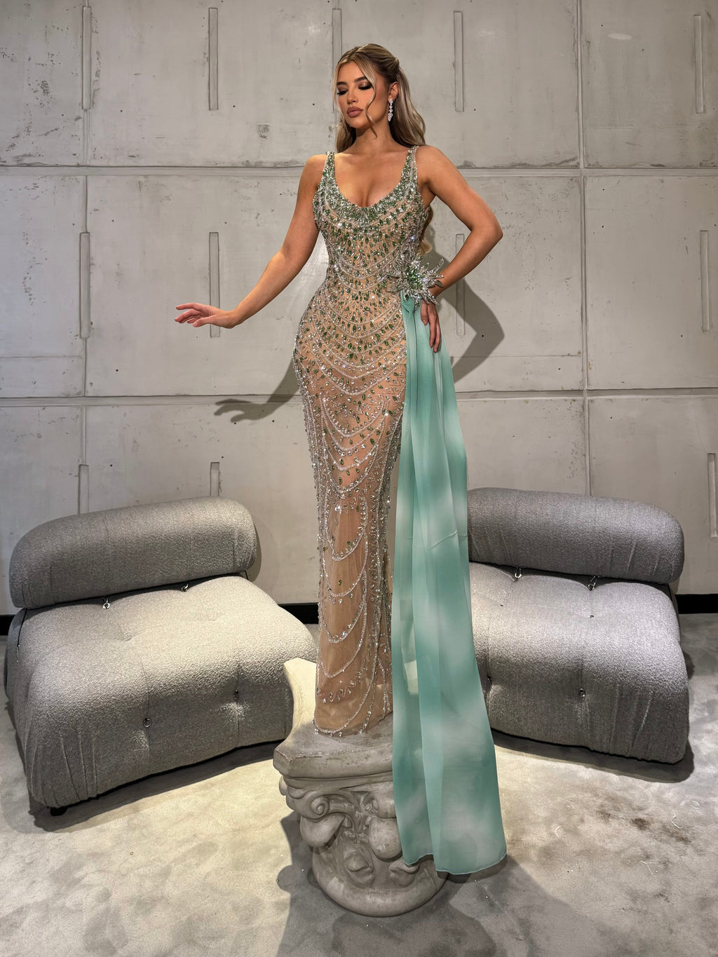 Mint Embellished Gown with Crystal Draping