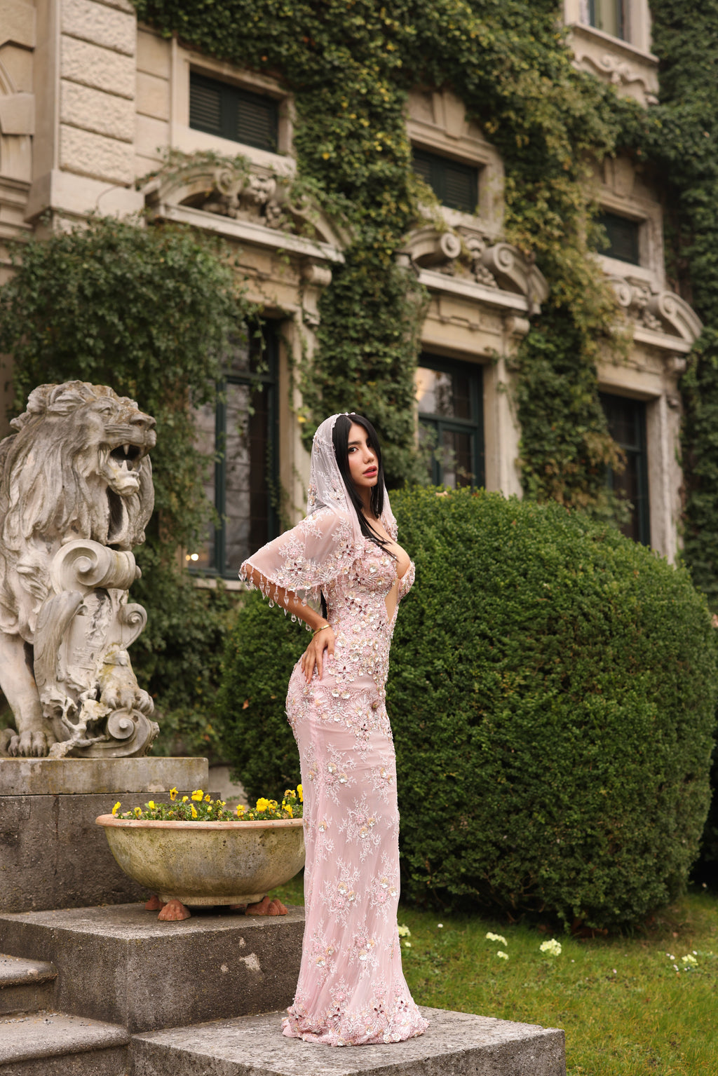 Bellaria - Embellished Deep V Lace Gown