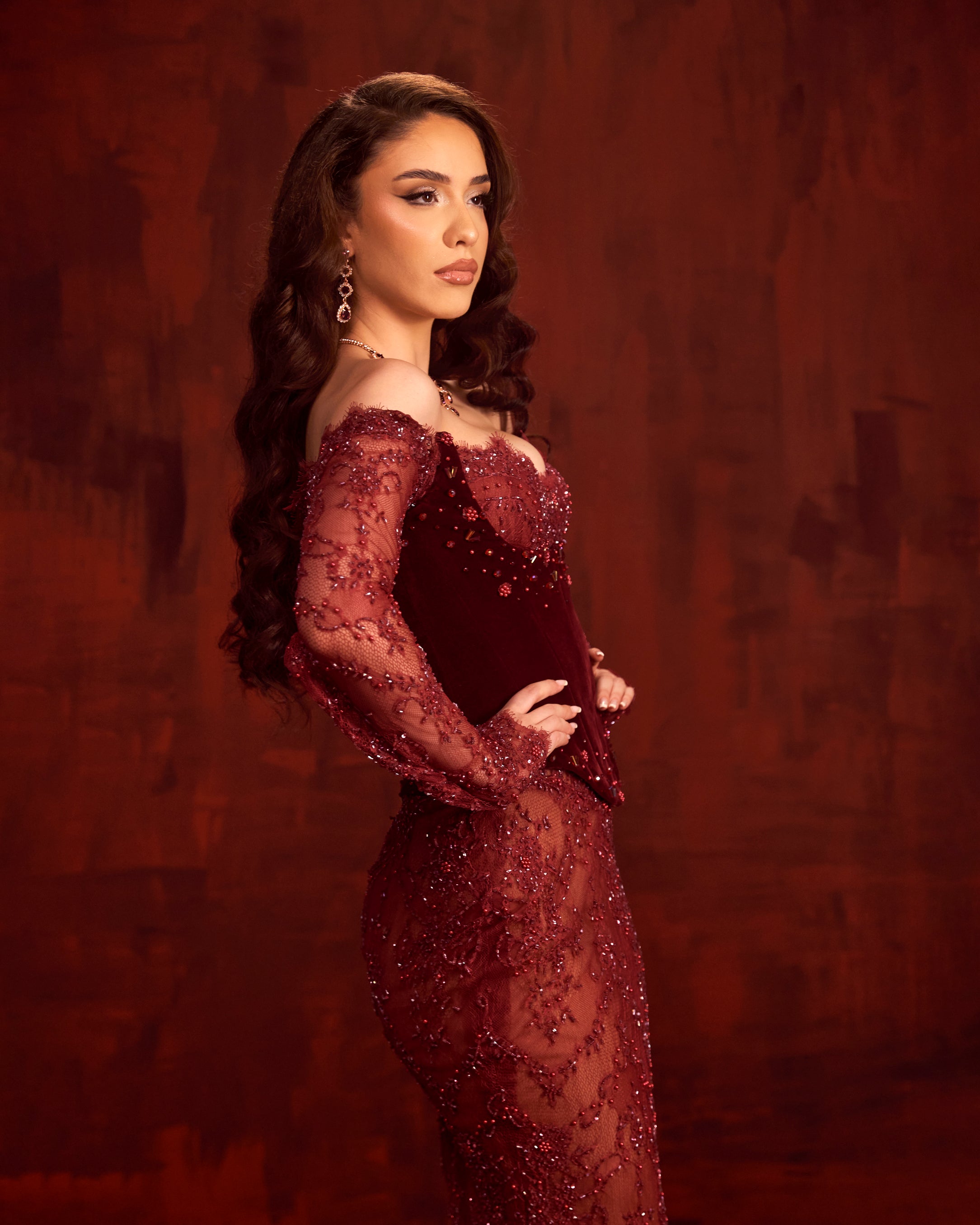 Auralyn - Burgundy Lace Embellished Gown