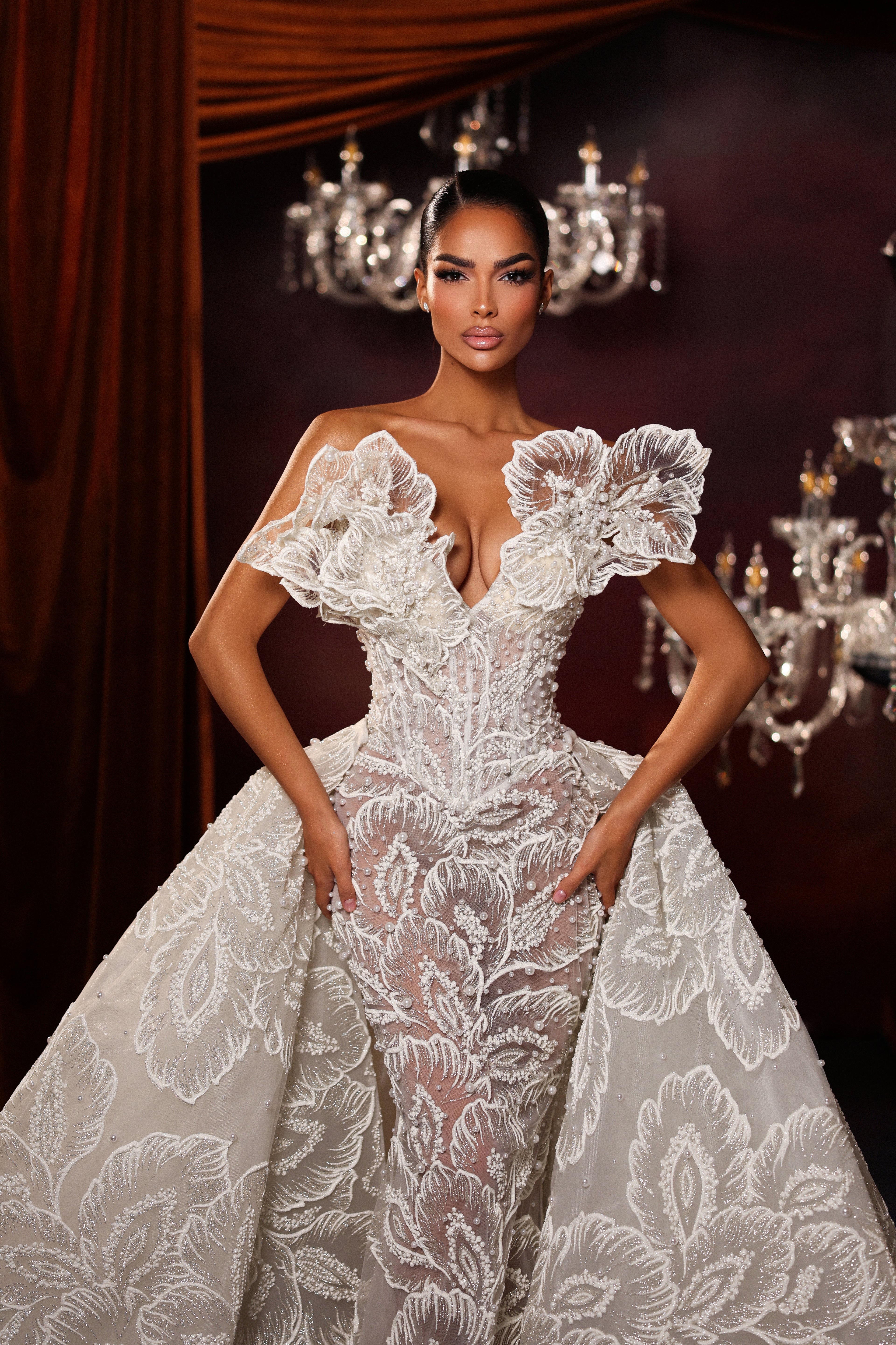 3D Floral Lace Mermaid Wedding Dress with Detachable Overskirt