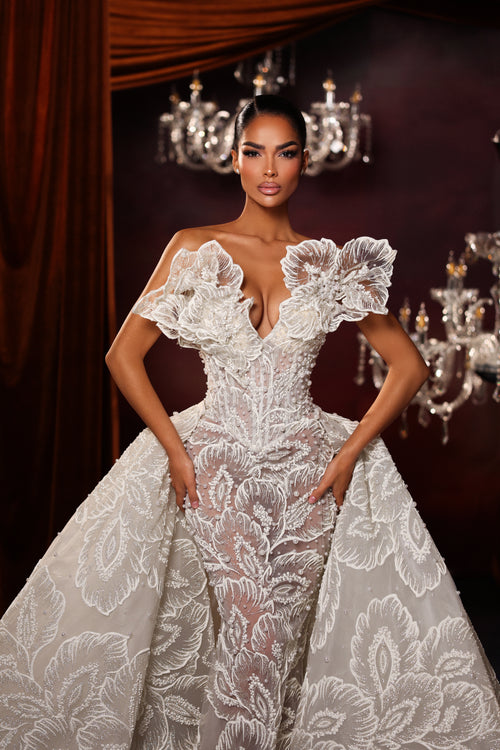 wedding dress mermaid with overskirt 3D Floral Lace Detachable M The detachable overskirt allows available_UK Size 6 Color:Rust Multi One dress. Two moods.