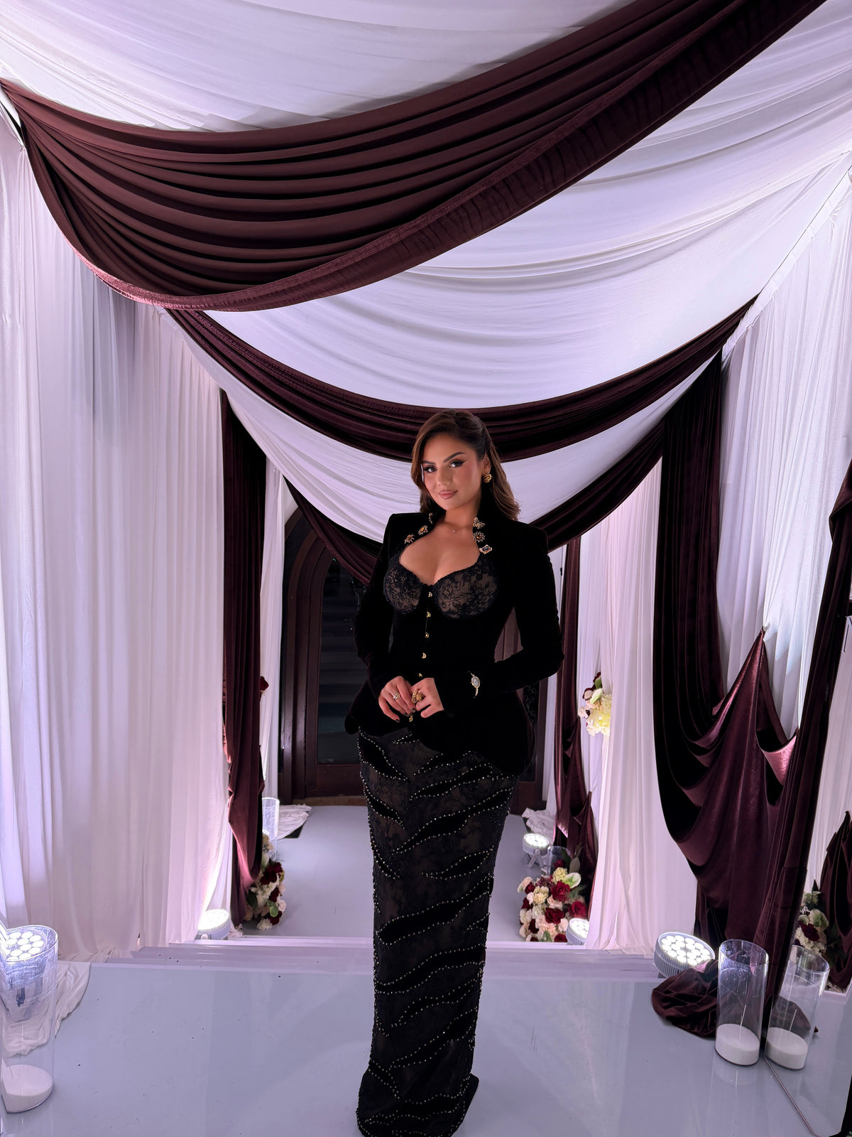 Dalenia - Lace Jacket Beaded Gown