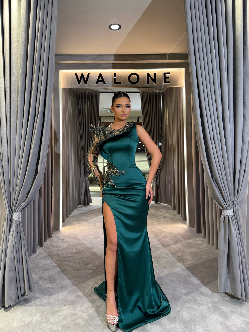 Emerald Asymmetrical Leaf Appliqué Gown