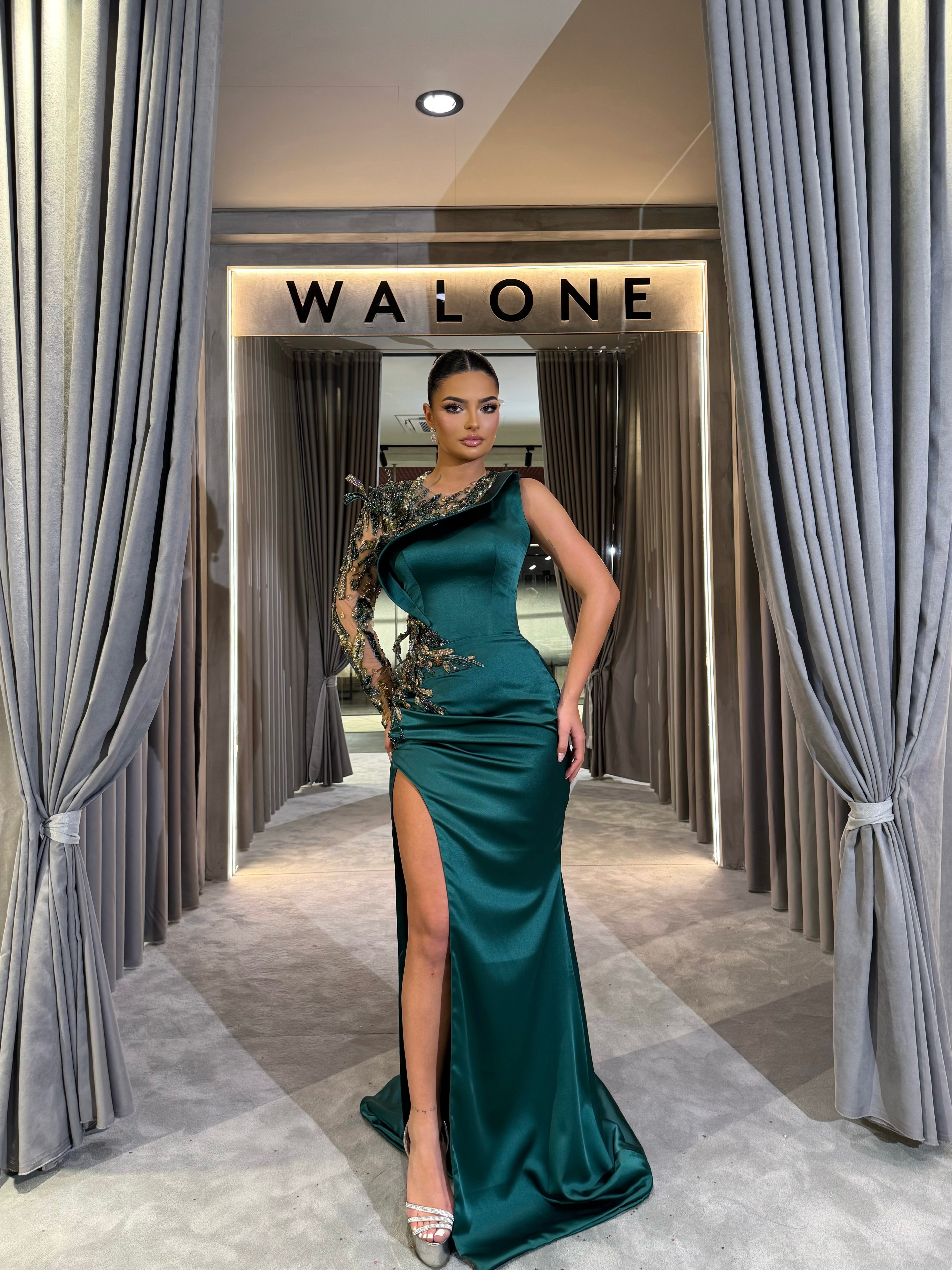 Emerald Asymmetrical Leaf Appliqué Gown