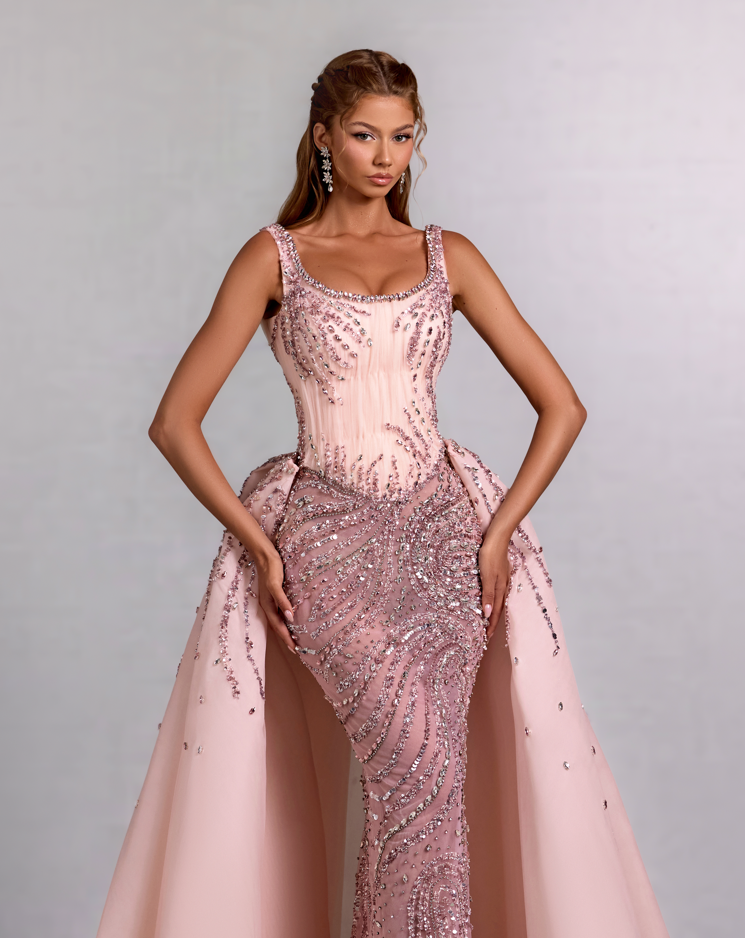 Blush Pink Mermaid Dress with Detachable Chiffon Overskirt