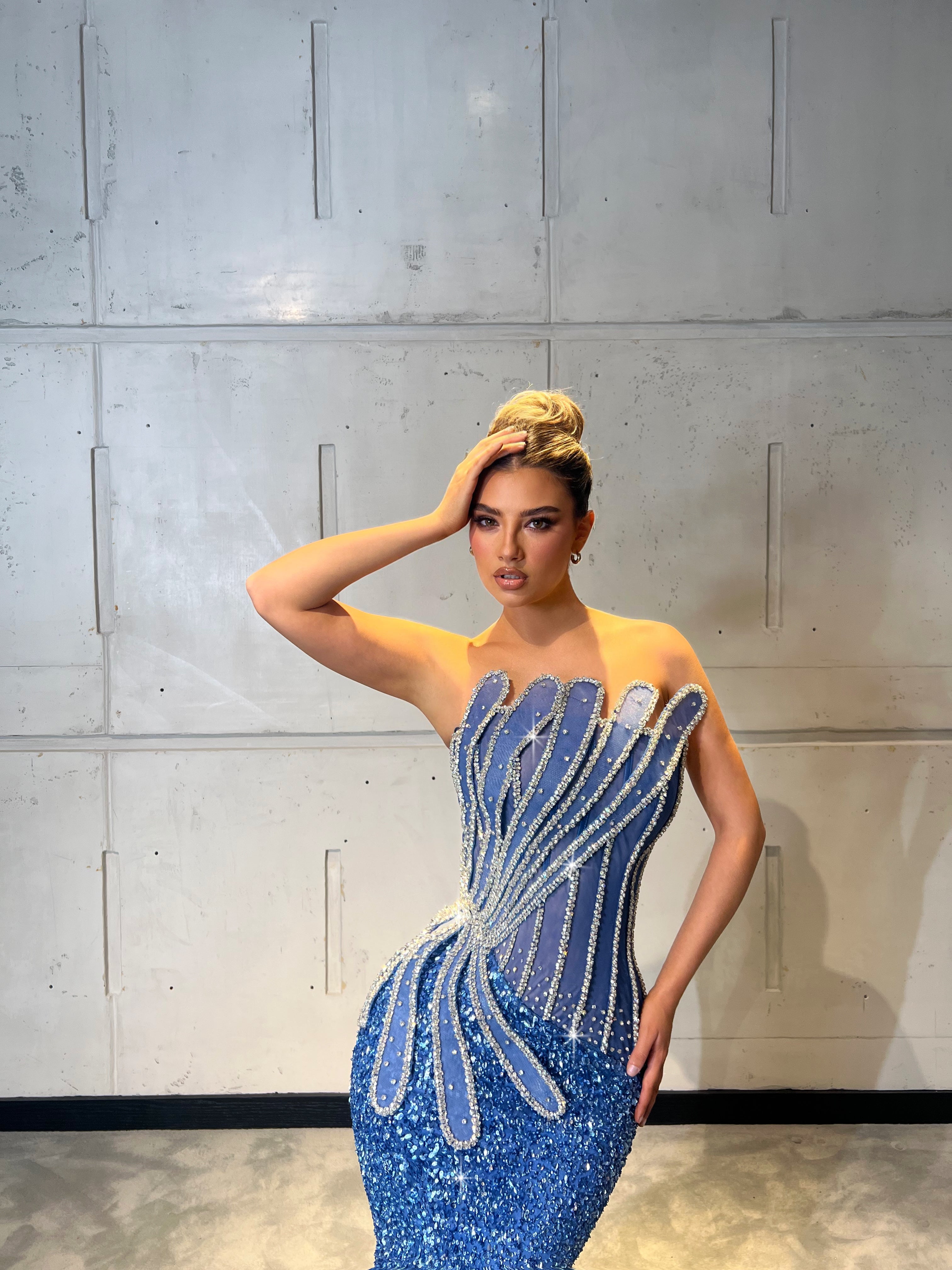 Strapless Yellow Sequin Dress with Side Slit & Sunray Corset Details