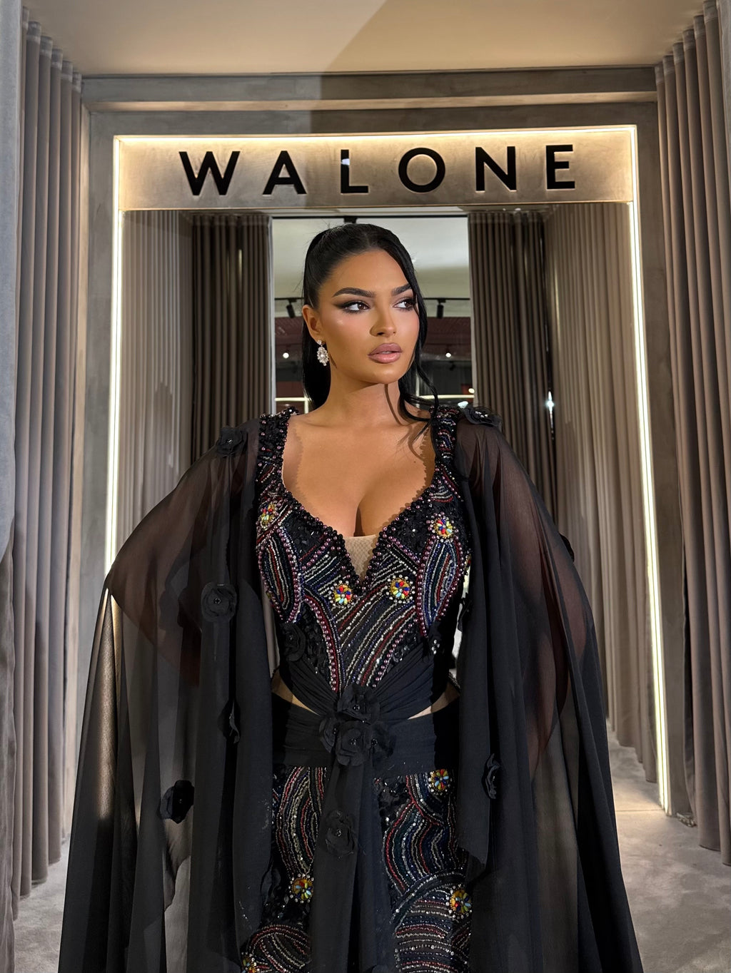 Multicolor Beaded Black Dress with Flowing Chiffon Cape