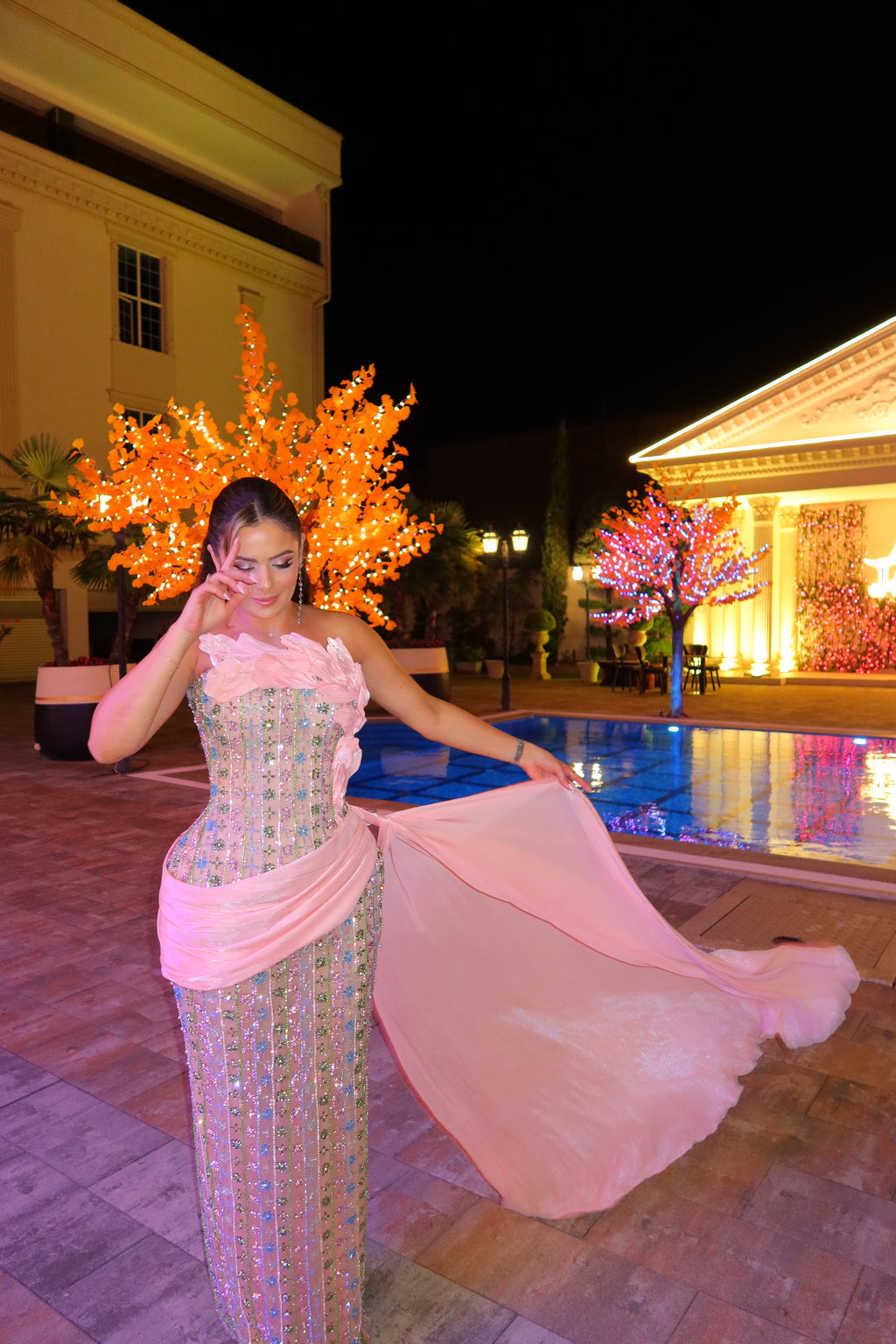 Pastel Pink Floral Dress with 3D Appliqué and Chiffon Wrap