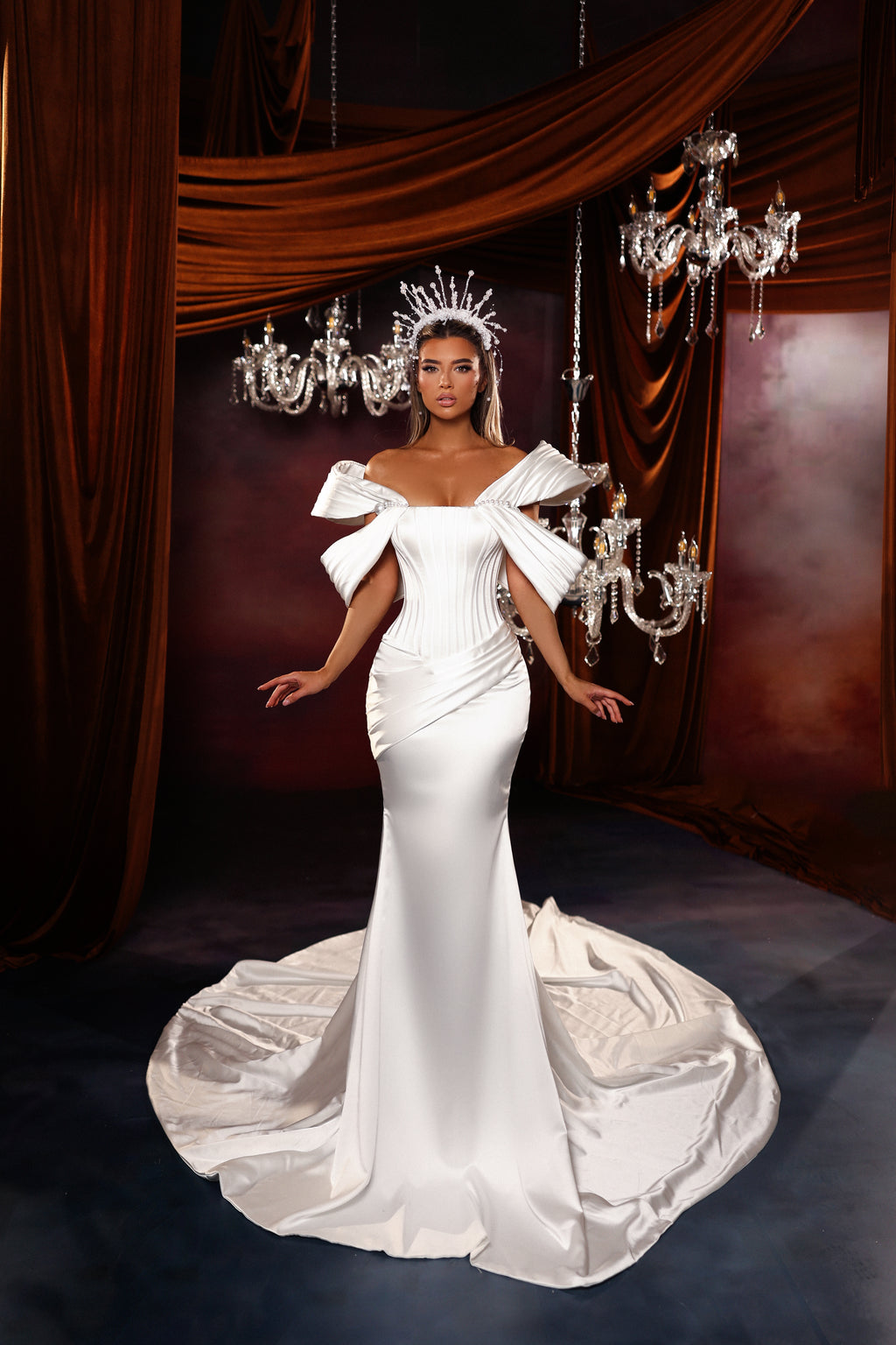 Pintuck Bow Bridal Gown with Extended Train