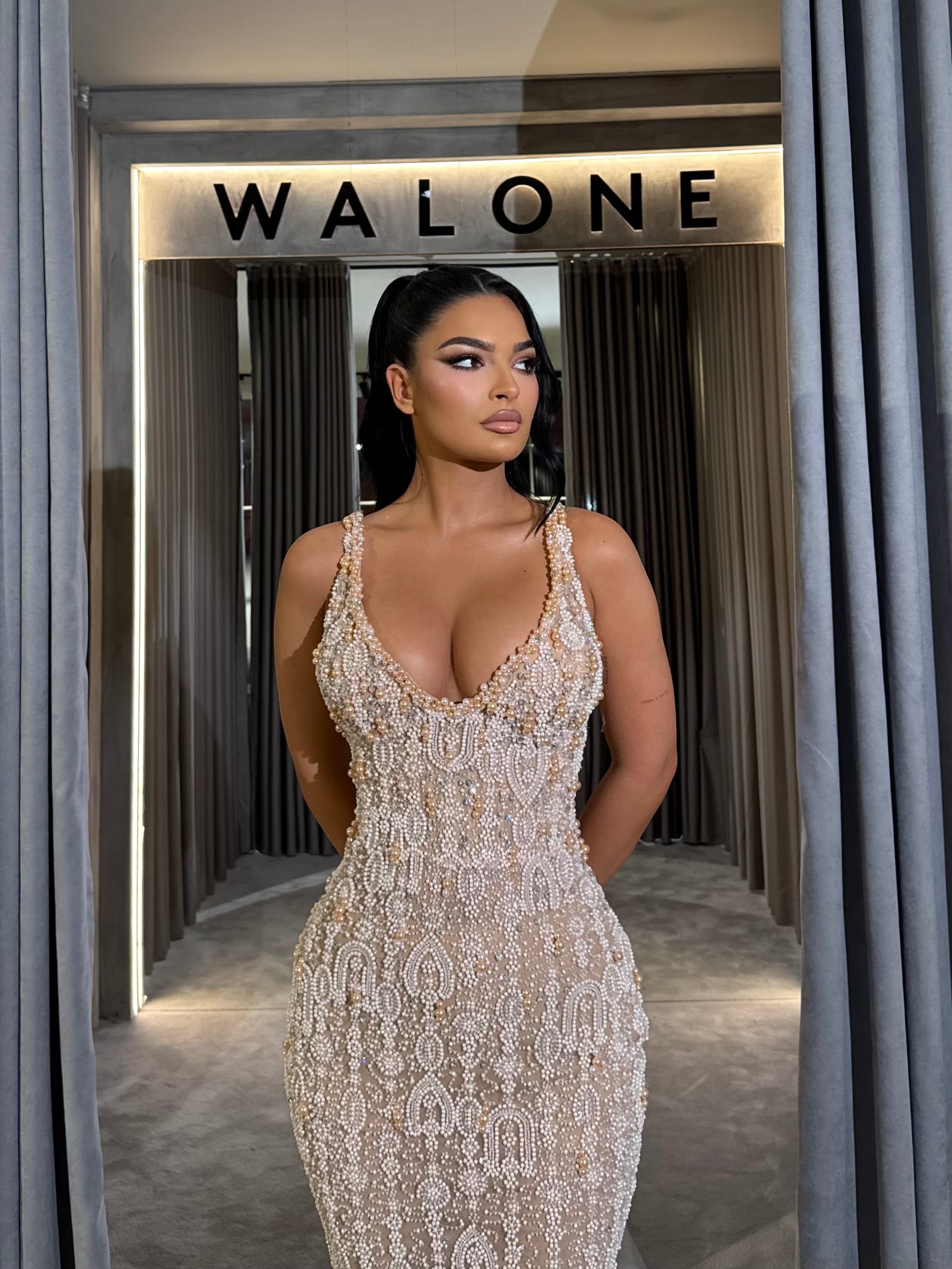 Hand Beaded Fitted Gown with Plunge Neckline