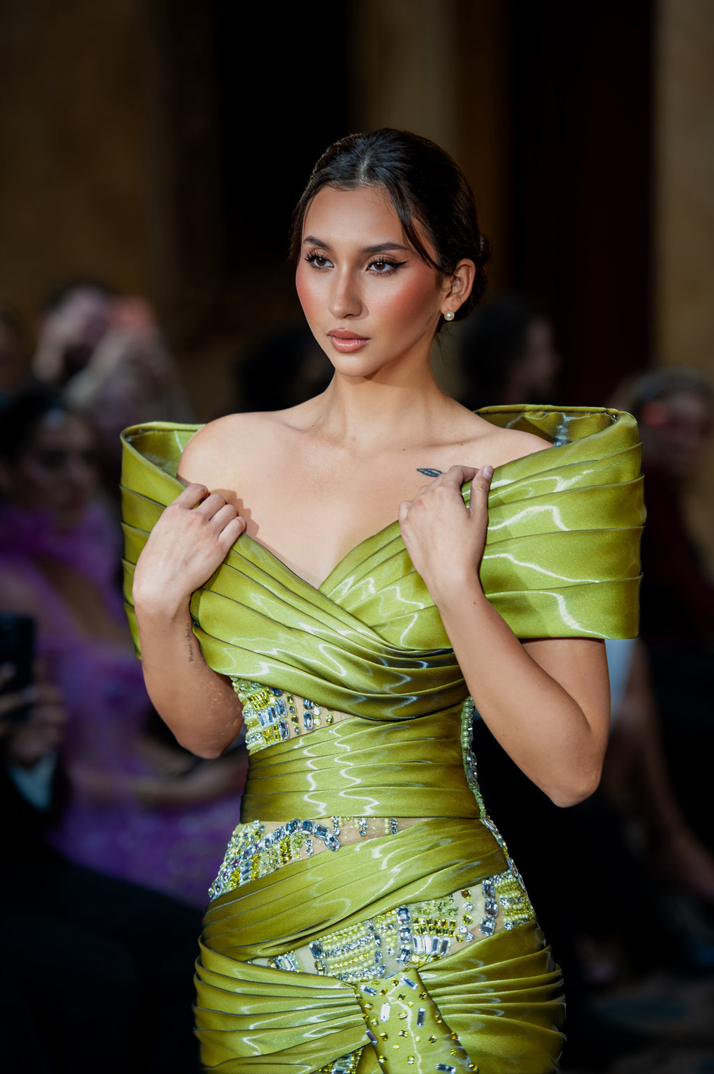 Emiliana - Off Shoulder Draped Beaded Gown