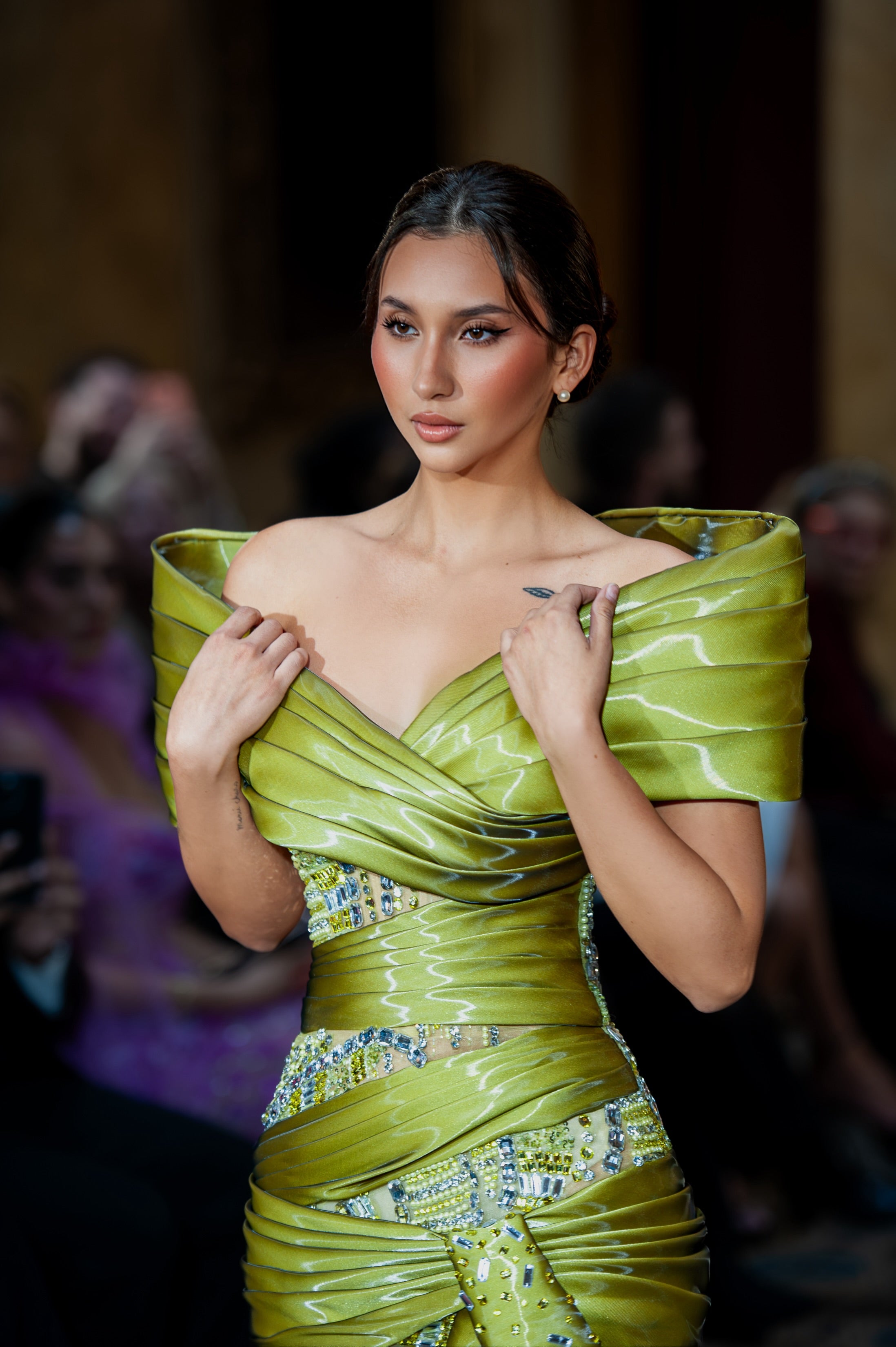 Emiliana - Off Shoulder Draped Beaded Gown