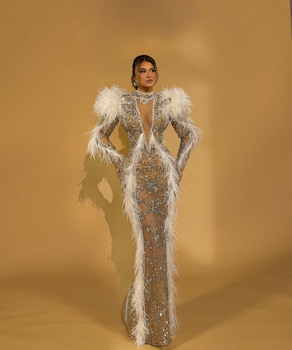 Long Sleeve Sequin Gown with Feathers