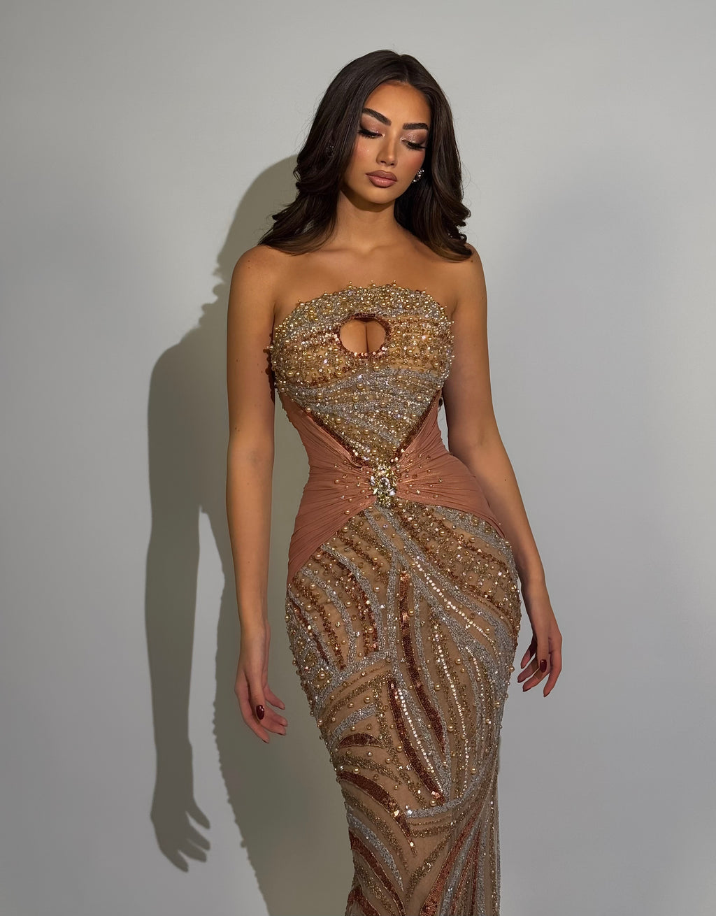 Dionara – Strapless Beaded Corset Gown with Swirl Motif and Center Cutout