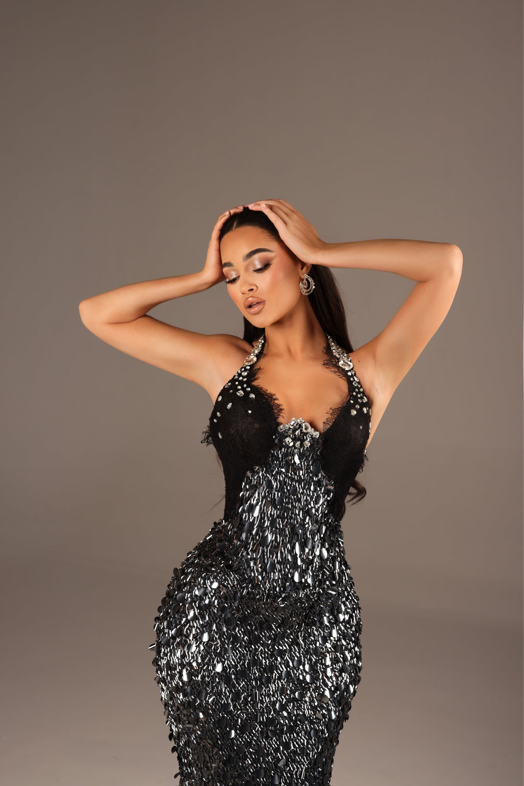 Riena - Halter Lace Corset Sequin Gown