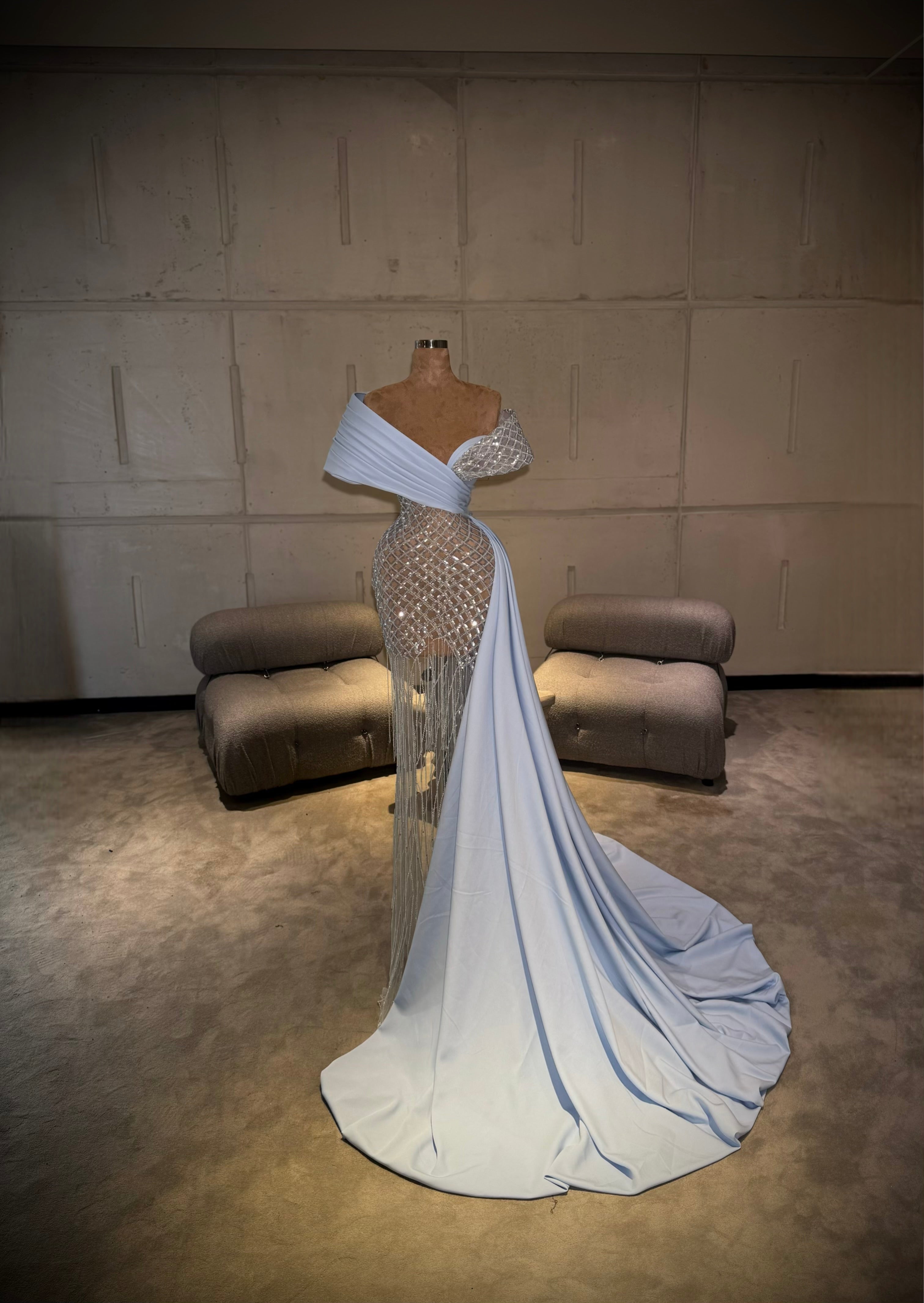 Elennè - Ice Blue Crystal Drape Gown