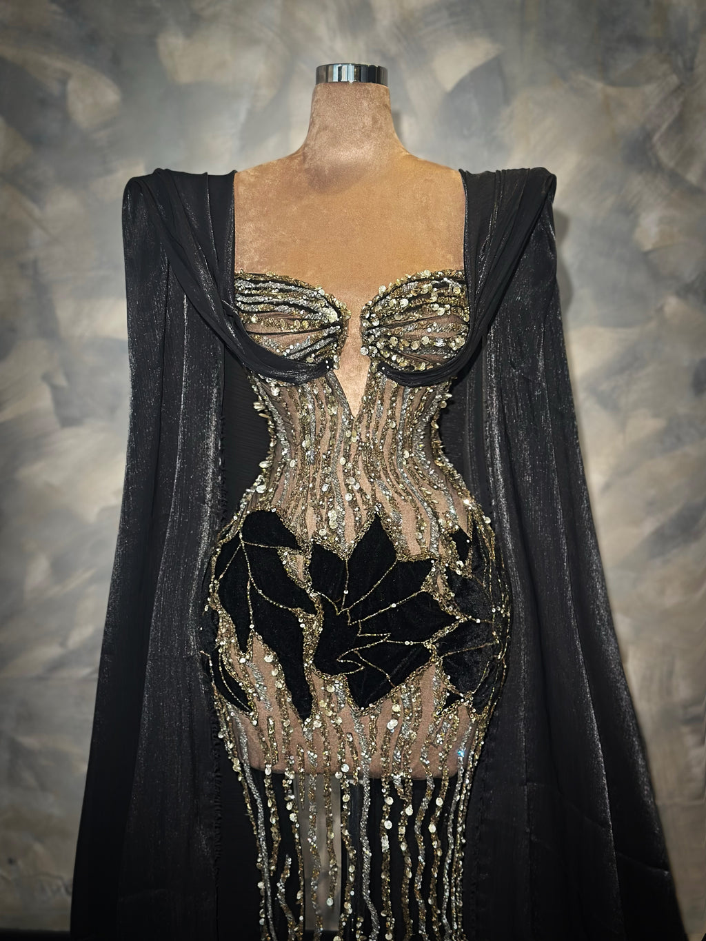 Eleia - Beaded Black Cape Dress