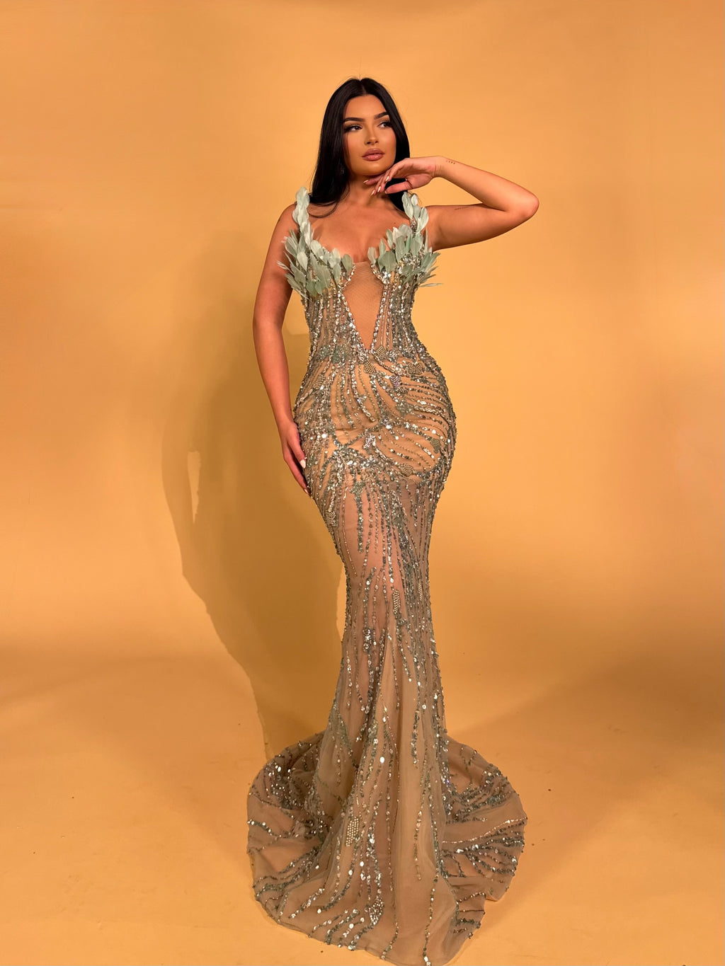 Mermaid Gown with Plunging Neckline and Leaf Detail