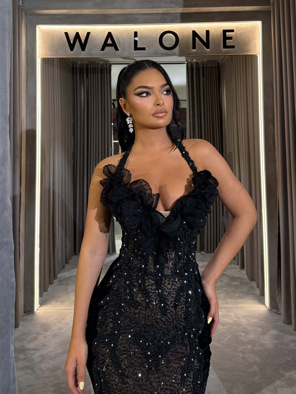 Black Sequin Gown with Ruffle Halter Detailing