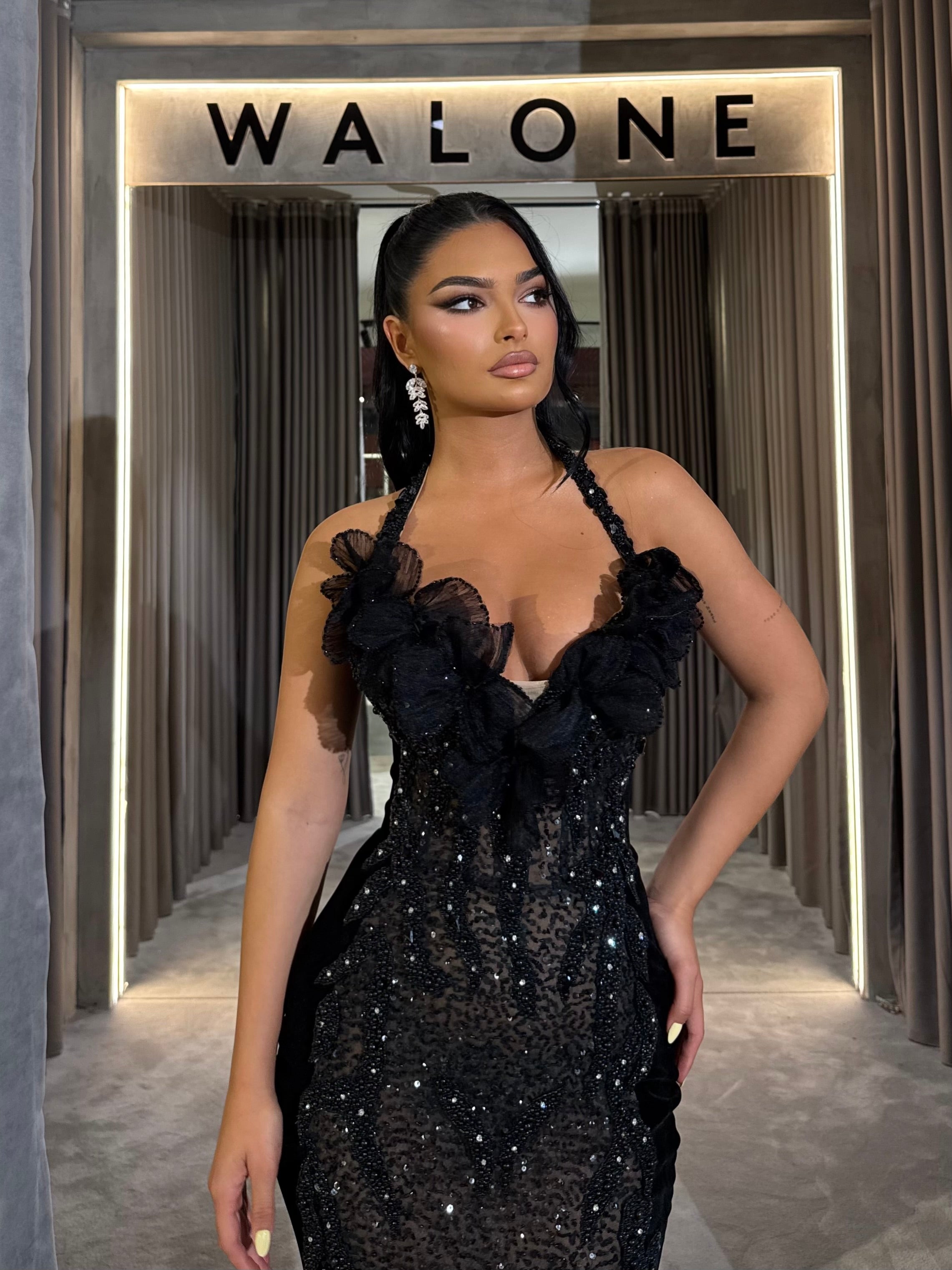 Black Sequin Gown with Ruffle Halter Detailing