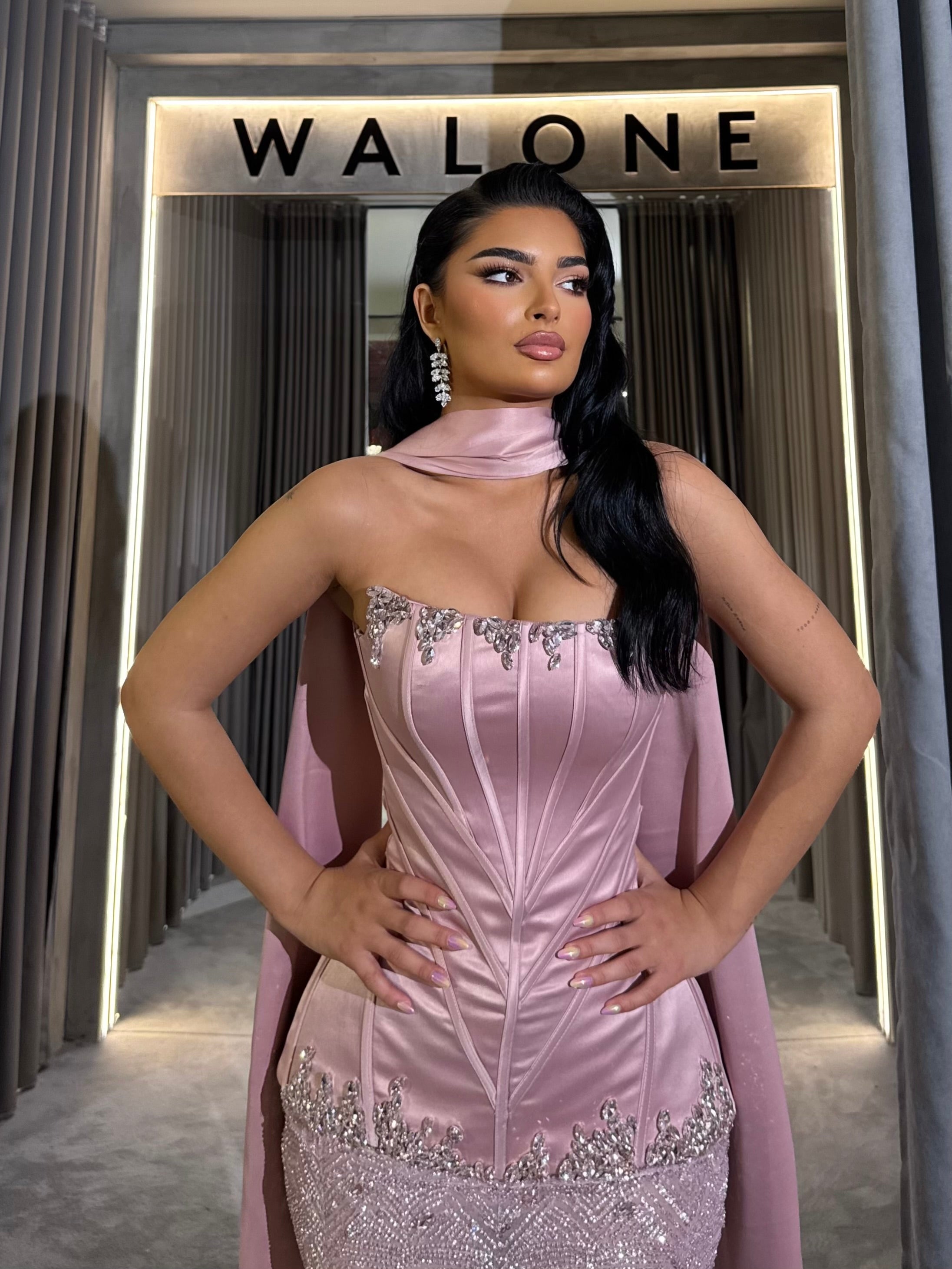 Long dress with structured satin corset and chevron sequin skirt