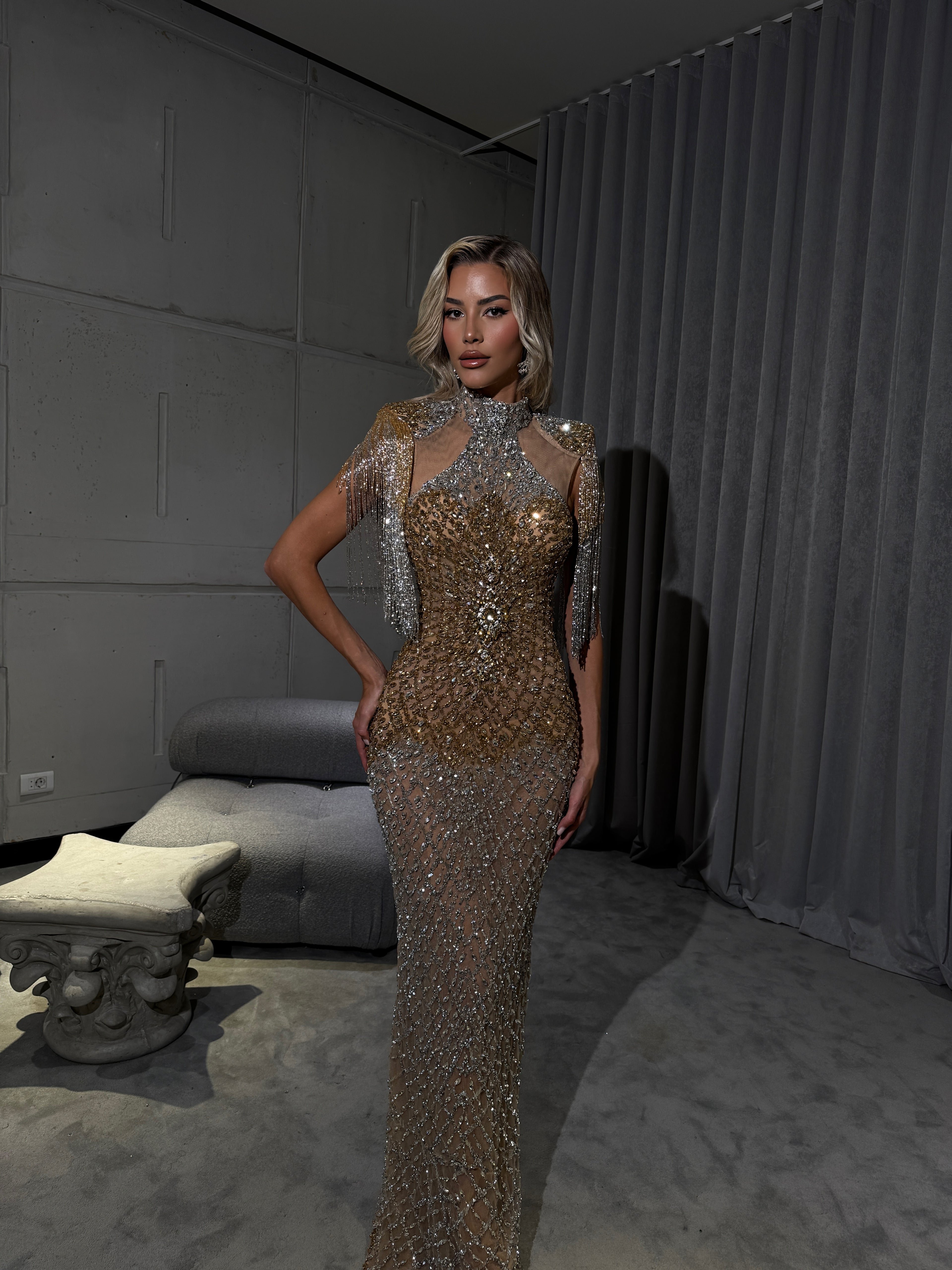 Anuel - Gold and Silver Beaded Fringe Gown Walone LLC Anuel - Gold and Silver Beaded Fringe Gown Walone LLC