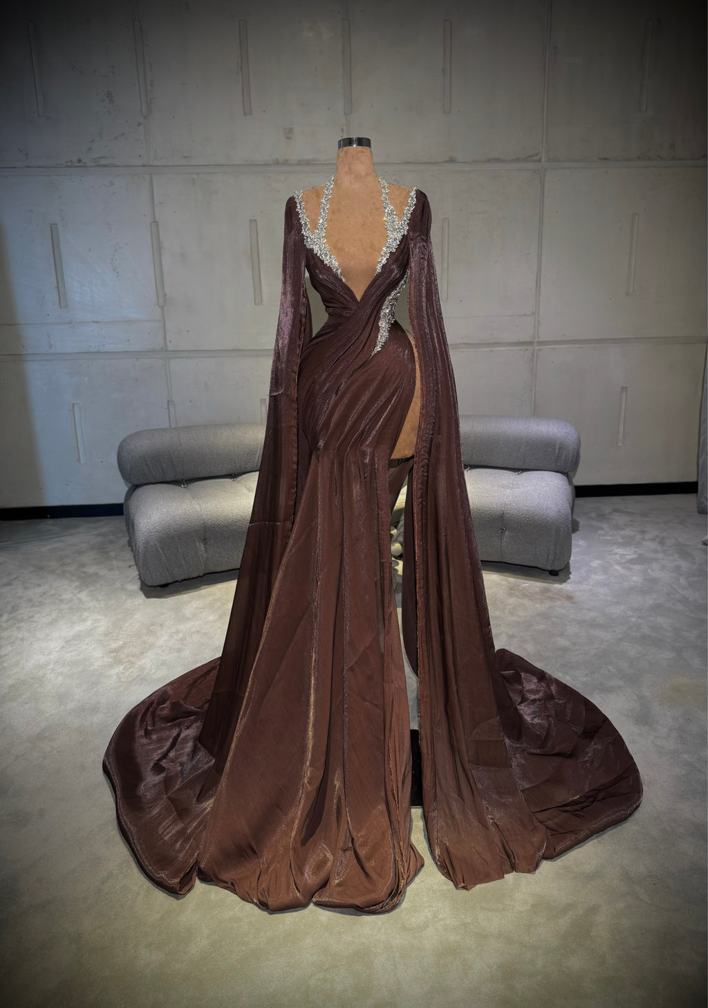 Amèla – Brown l Gown with Deep Plunge